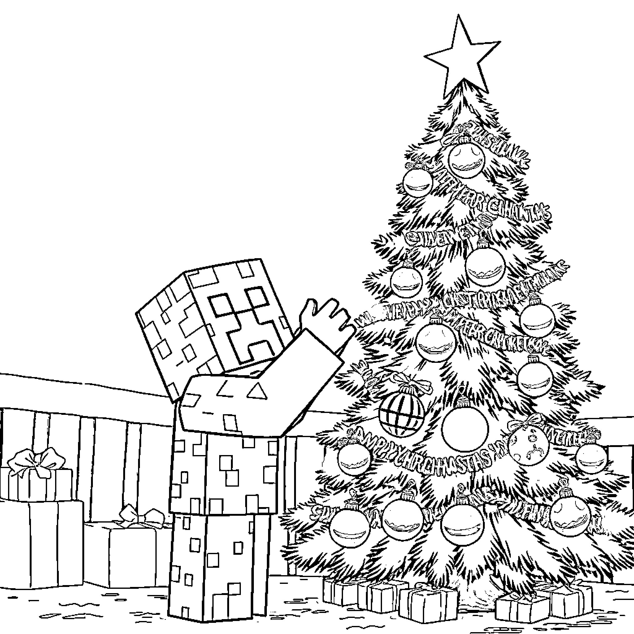Creeper decorating festive Christmas tree with presents Coloring Page (free black-and-white line drawing printable PDF for all, from beginners to advanced learners, including children, teens, adults, and seniors)