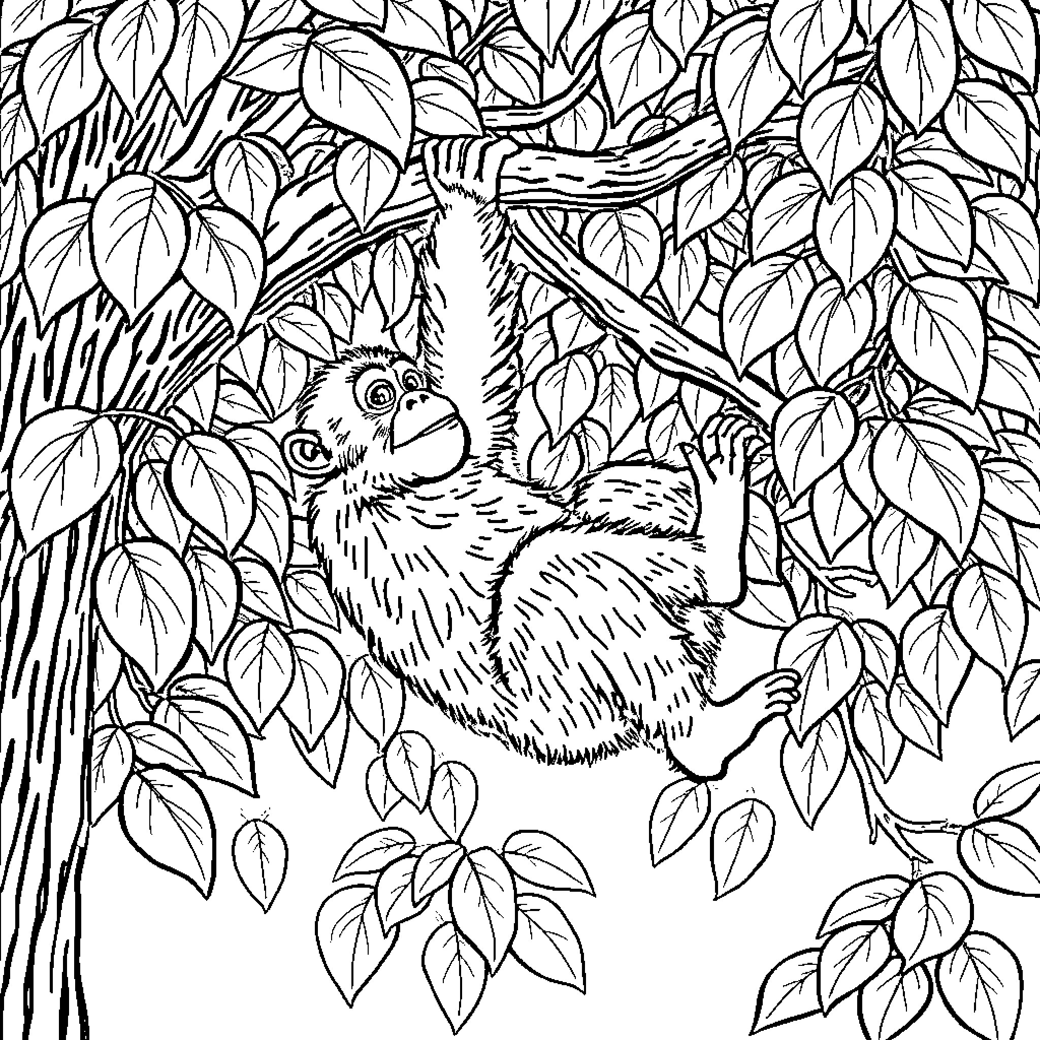 Ape Swinging Playfully Through Lush Foliage Coloring Page (free black-and-white line drawing printable PDF for all, from beginners to advanced learners, including children, teens, adults, and seniors)