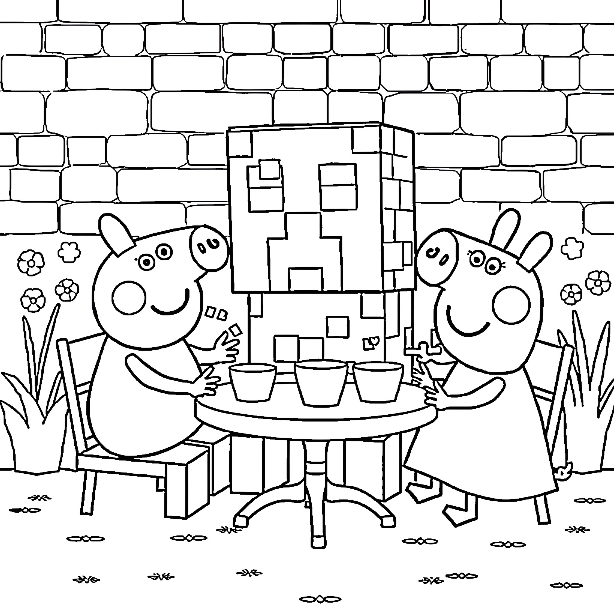 Creeper characters enjoying tea party in a simple setting Coloring Page (free black-and-white line drawing printable PDF for all, from beginners to advanced learners, including children, teens, adults, and seniors)