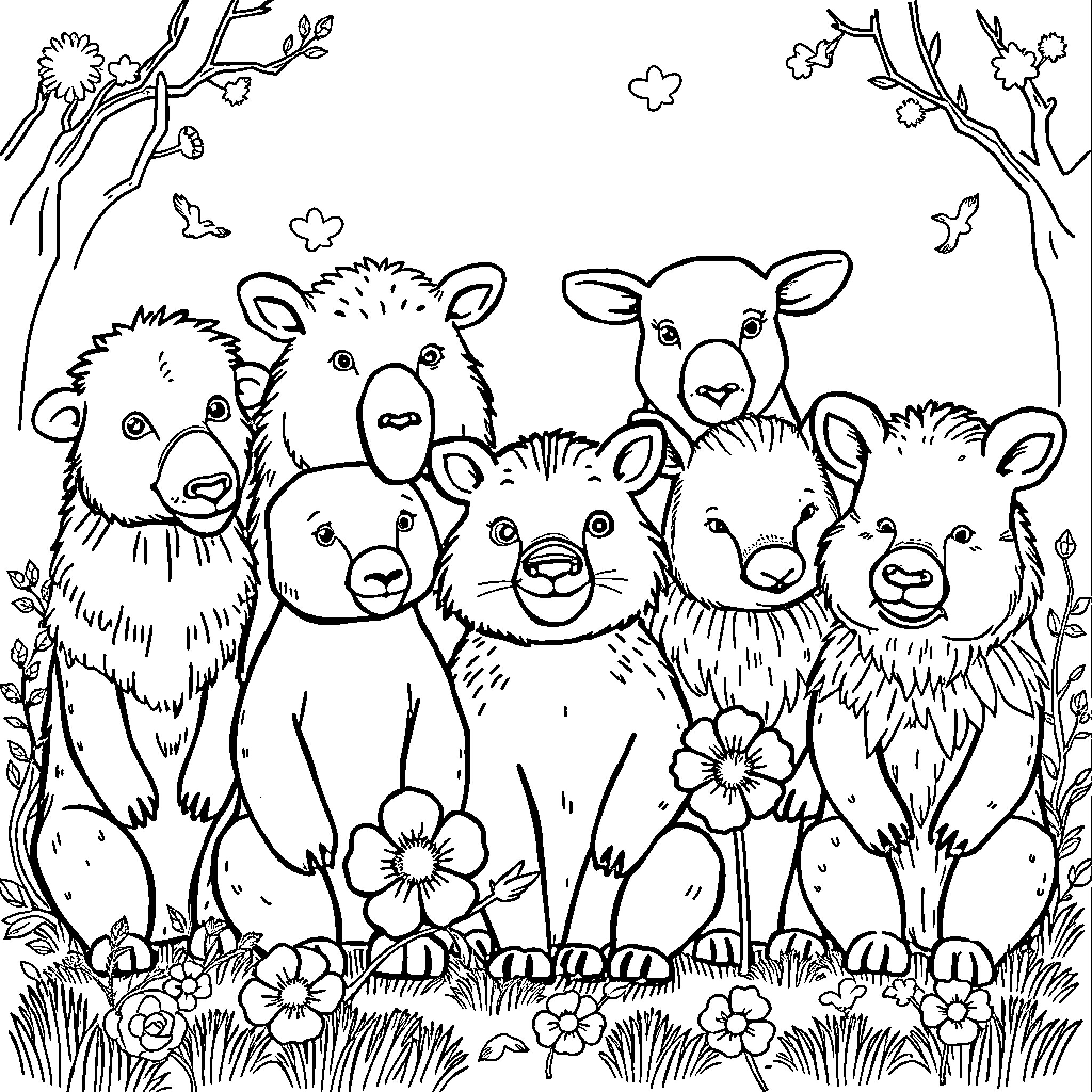 Animal friends in a floral garden Coloring Page (free black-and-white line drawing printable PDF for all, from beginners to advanced learners, including children, teens, adults, and seniors)