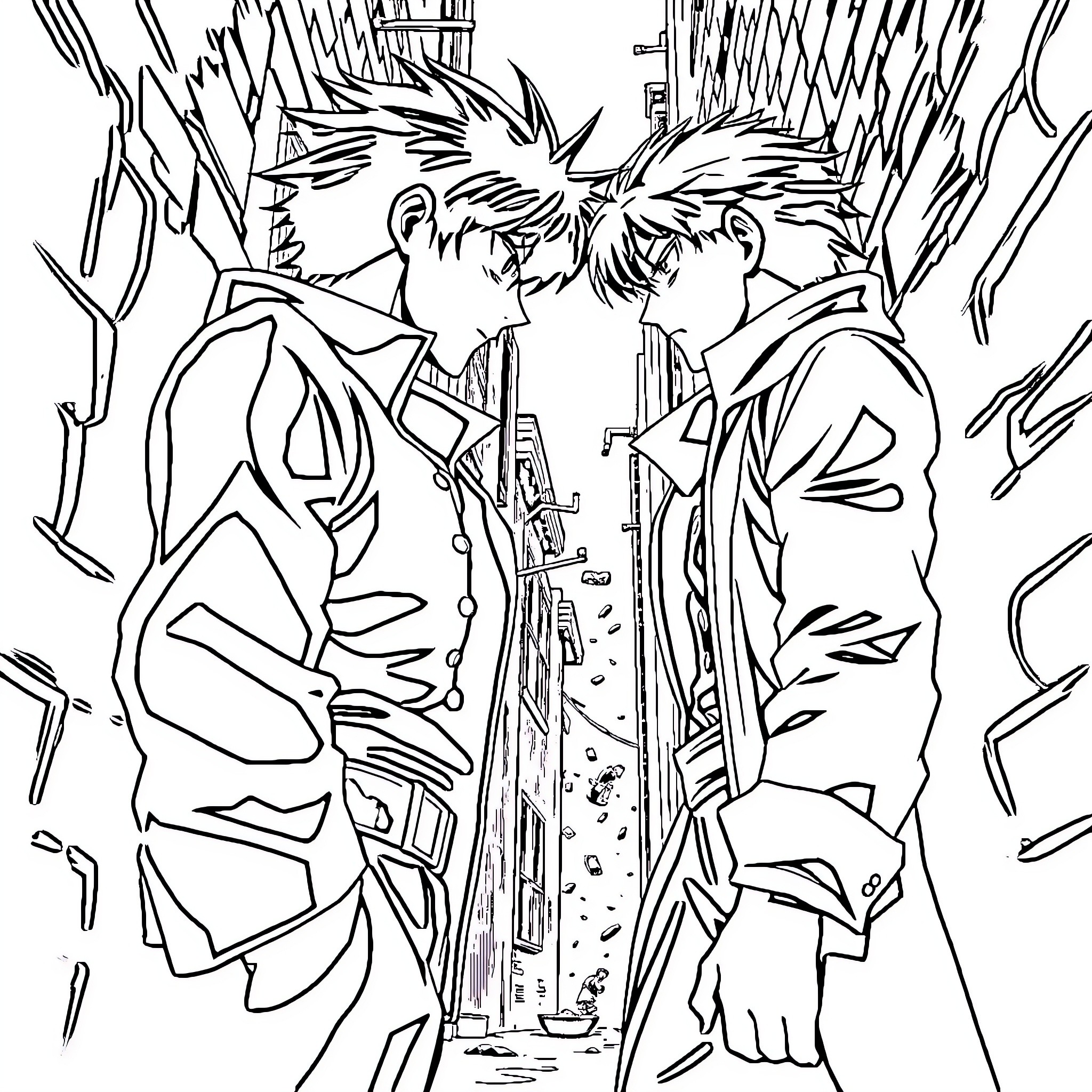 Conan vs Kaito in intense standoff Coloring Page (free black-and-white line drawing printable PDF for all, from beginners to advanced learners, including children, teens, adults, and seniors)