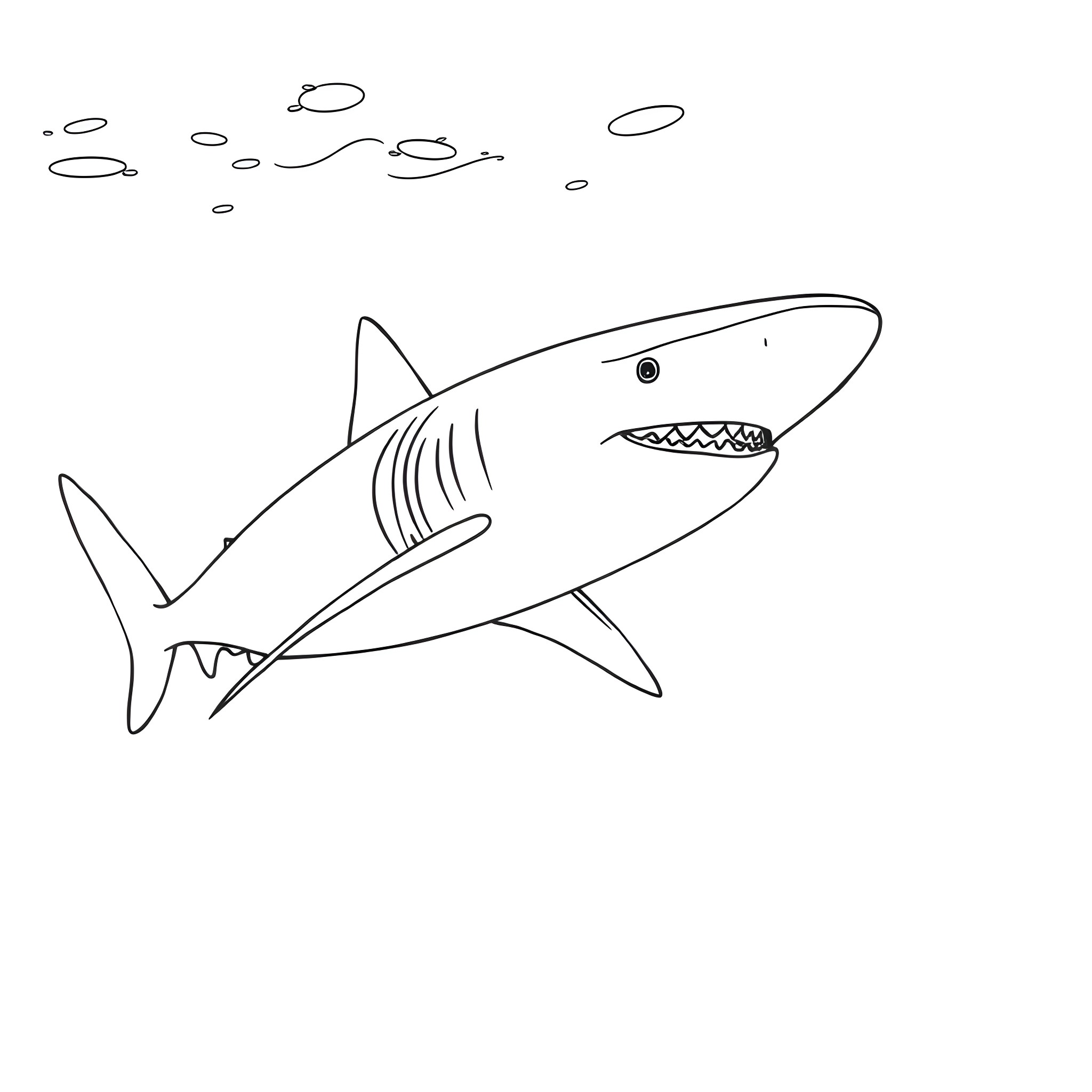 Shark swimming through the ocean Coloring Page (free black-and-white line drawing printable PDF for all, from beginners to advanced learners, including children, teens, adults, and seniors)