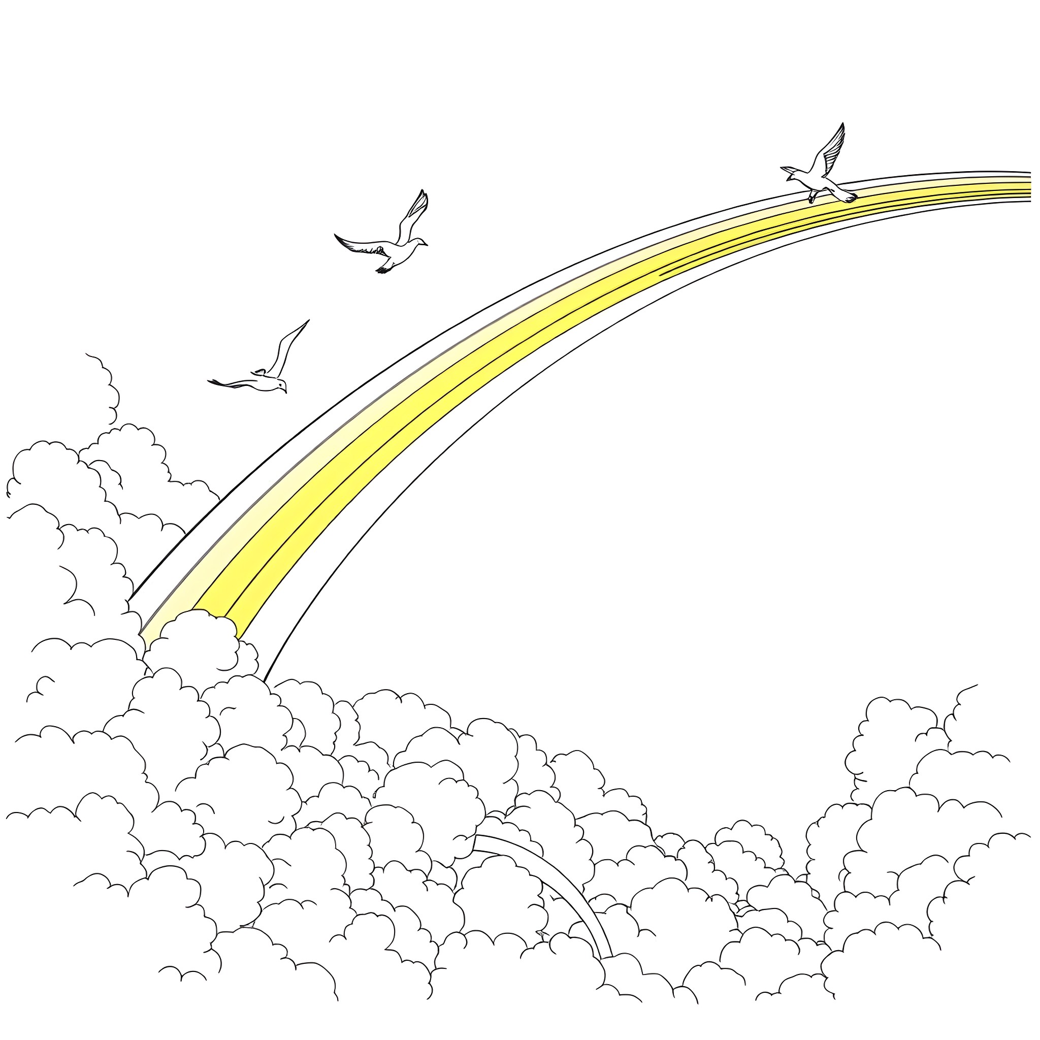 Great Spirit's Celestial Arc amid Ethereal Clouds Coloring Page (free black-and-white line drawing printable PDF for all, from beginners to advanced learners, including children, teens, adults, and seniors)