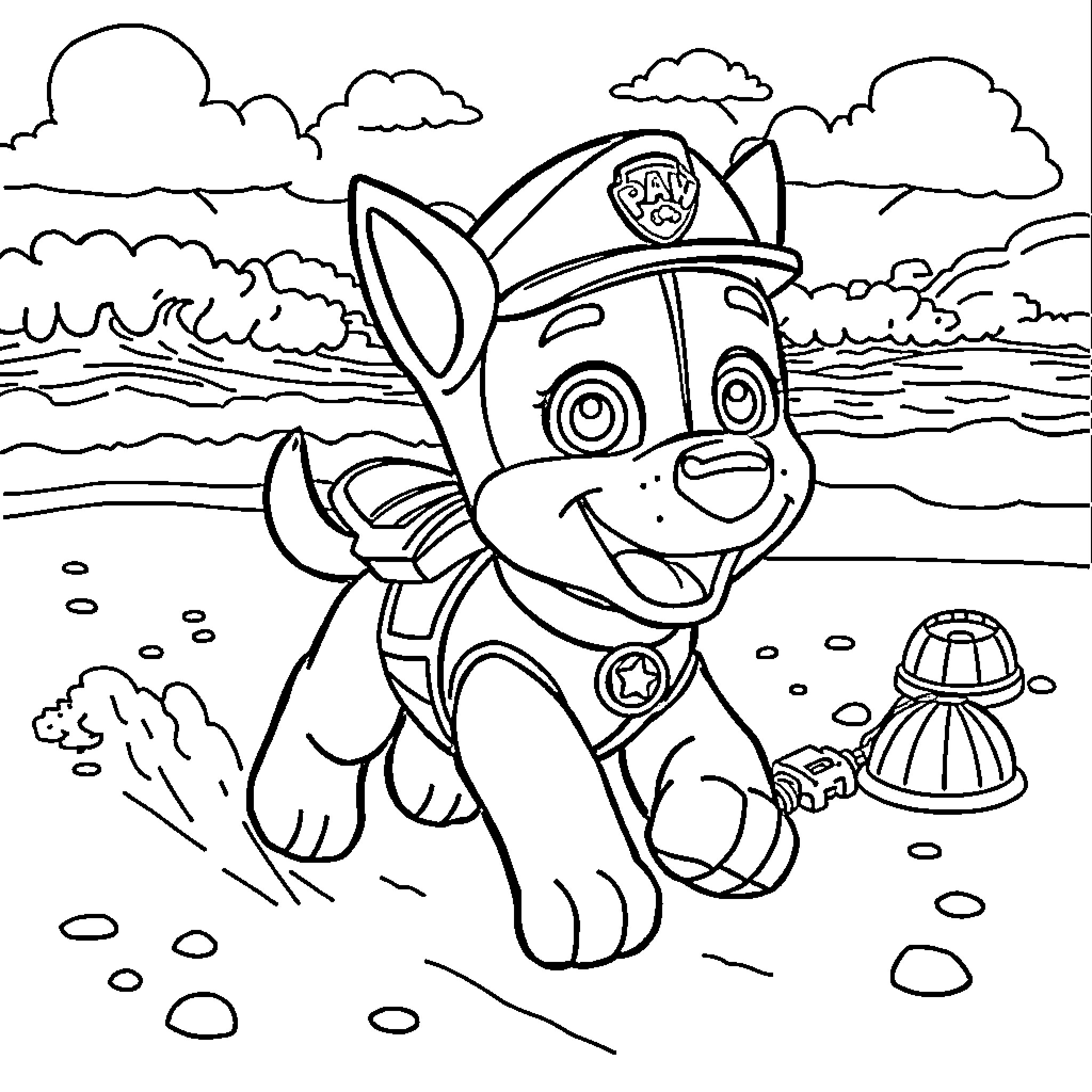 Chase the Pup's Playful Adventure on the Beach Coloring Page (free black-and-white line drawing printable PDF for all, from beginners to advanced learners, including children, teens, adults, and seniors)