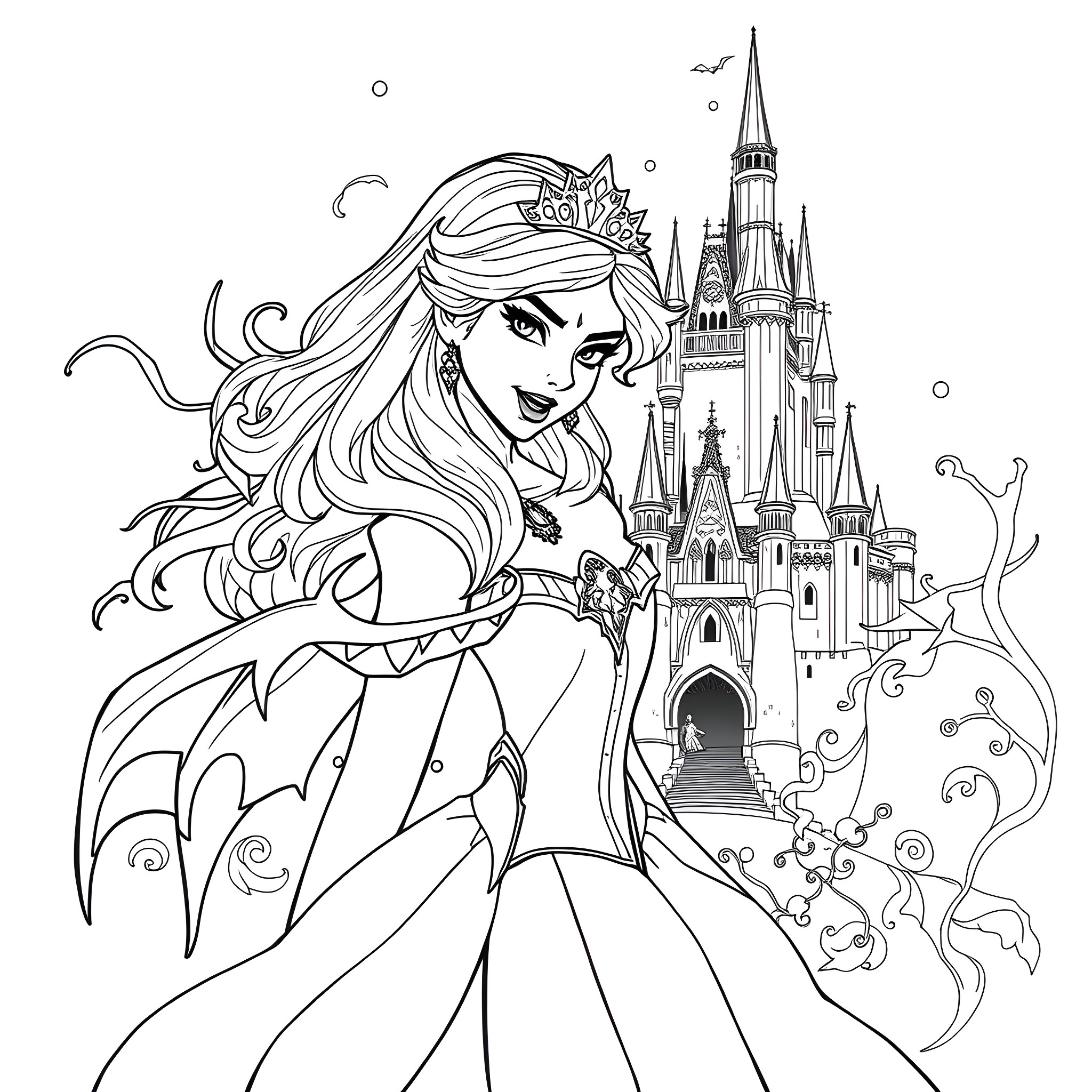 Disney Princess in majestic castle scene Coloring Page (free black-and-white line drawing printable PDF for all, from beginners to advanced learners, including children, teens, adults, and seniors)