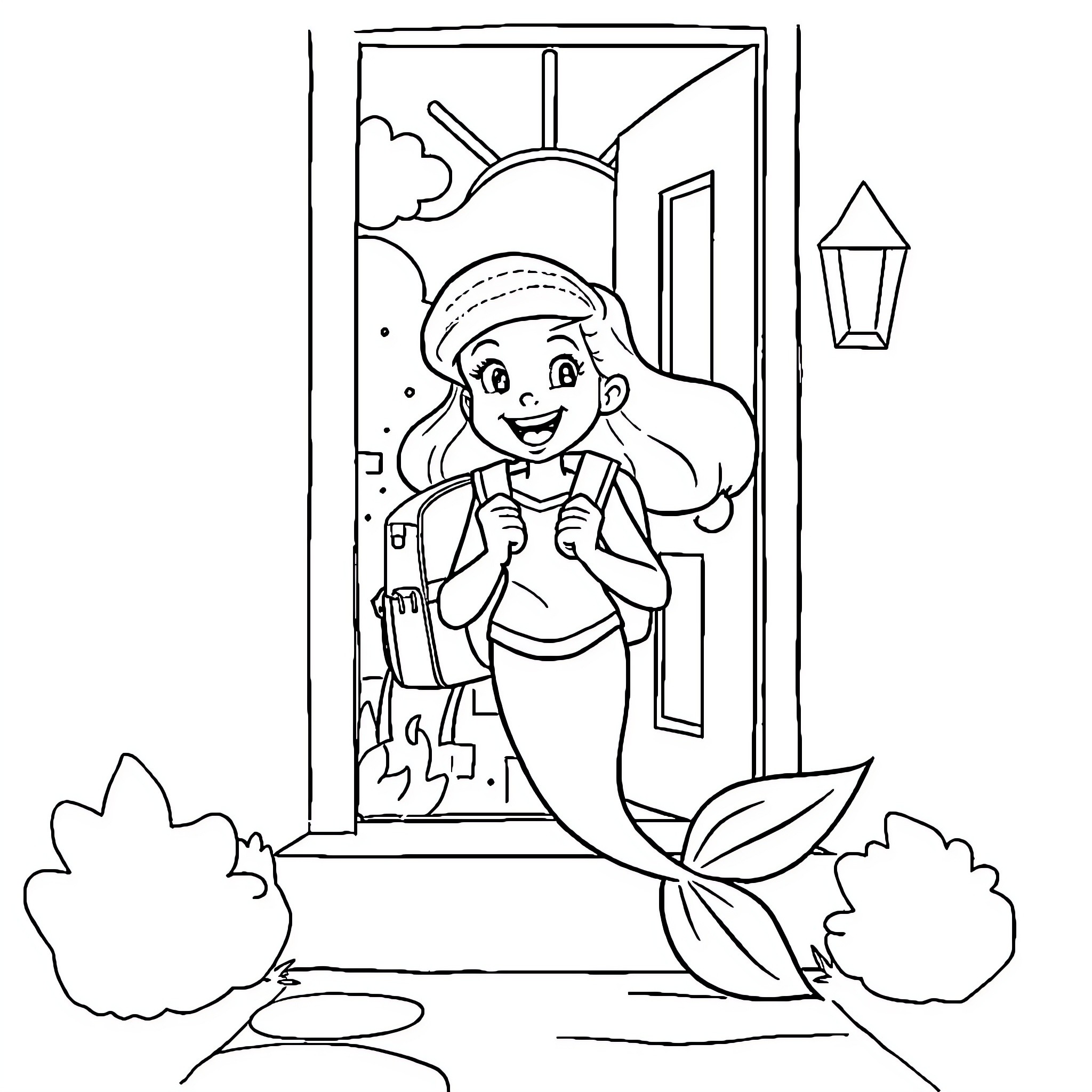 Ariel stepping out of her seaside home Coloring Page (free black-and-white line drawing printable PDF for all, from beginners to advanced learners, including children, teens, adults, and seniors)