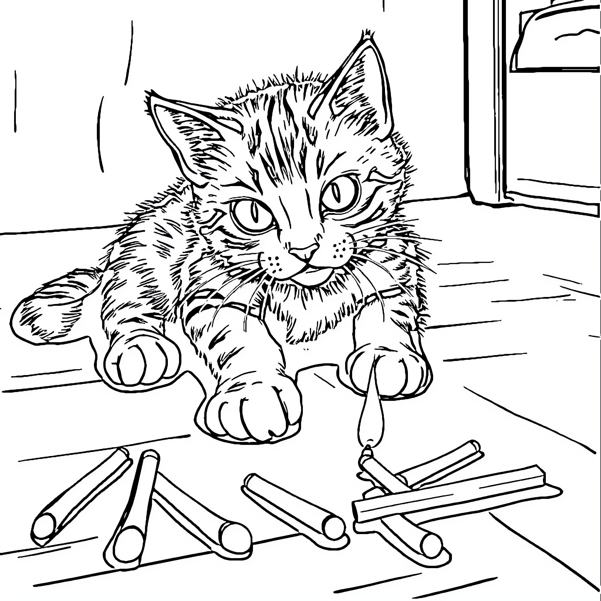 Cat exploring workshop tools Coloring Page (free black-and-white line drawing printable PDF for all, from beginners to advanced learners, including children, teens, adults, and seniors)