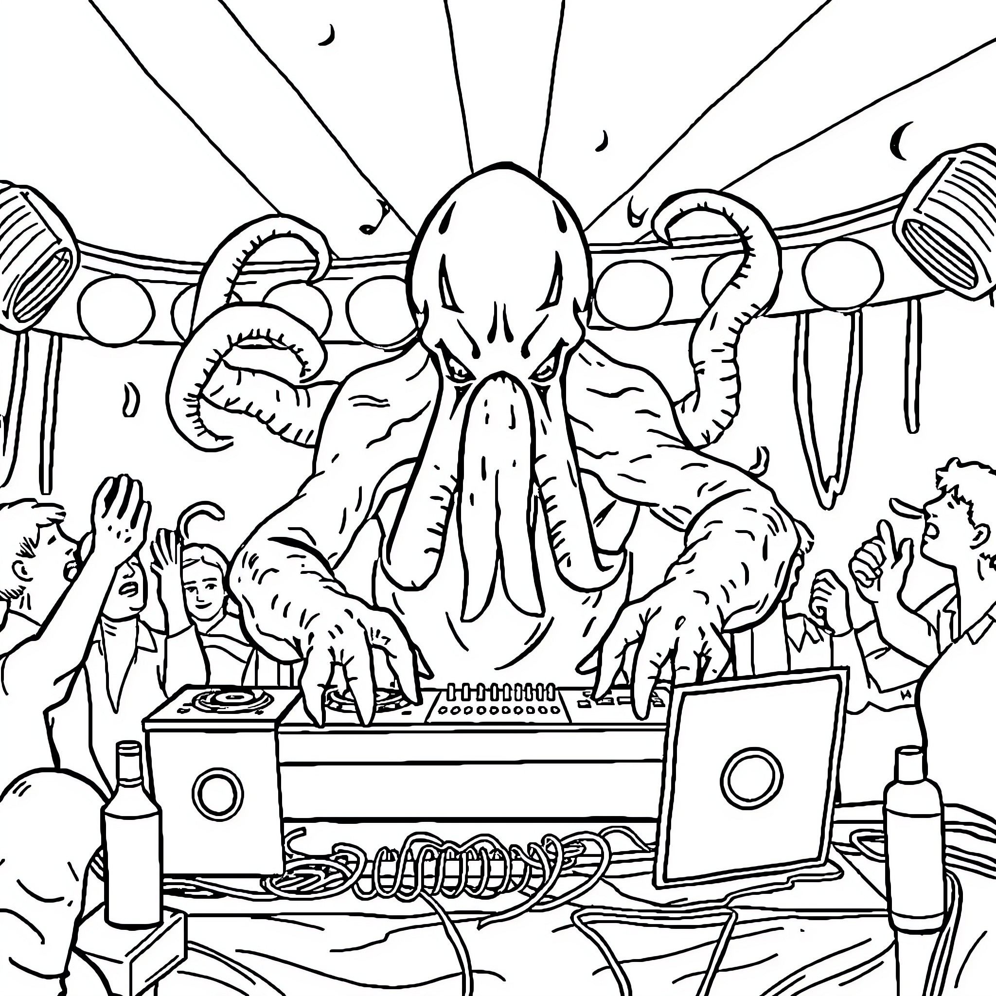 Cthulhu Awakens Amidst Technological Chaos Coloring Page (free black-and-white line drawing printable PDF for all, from beginners to advanced learners, including children, teens, adults, and seniors)