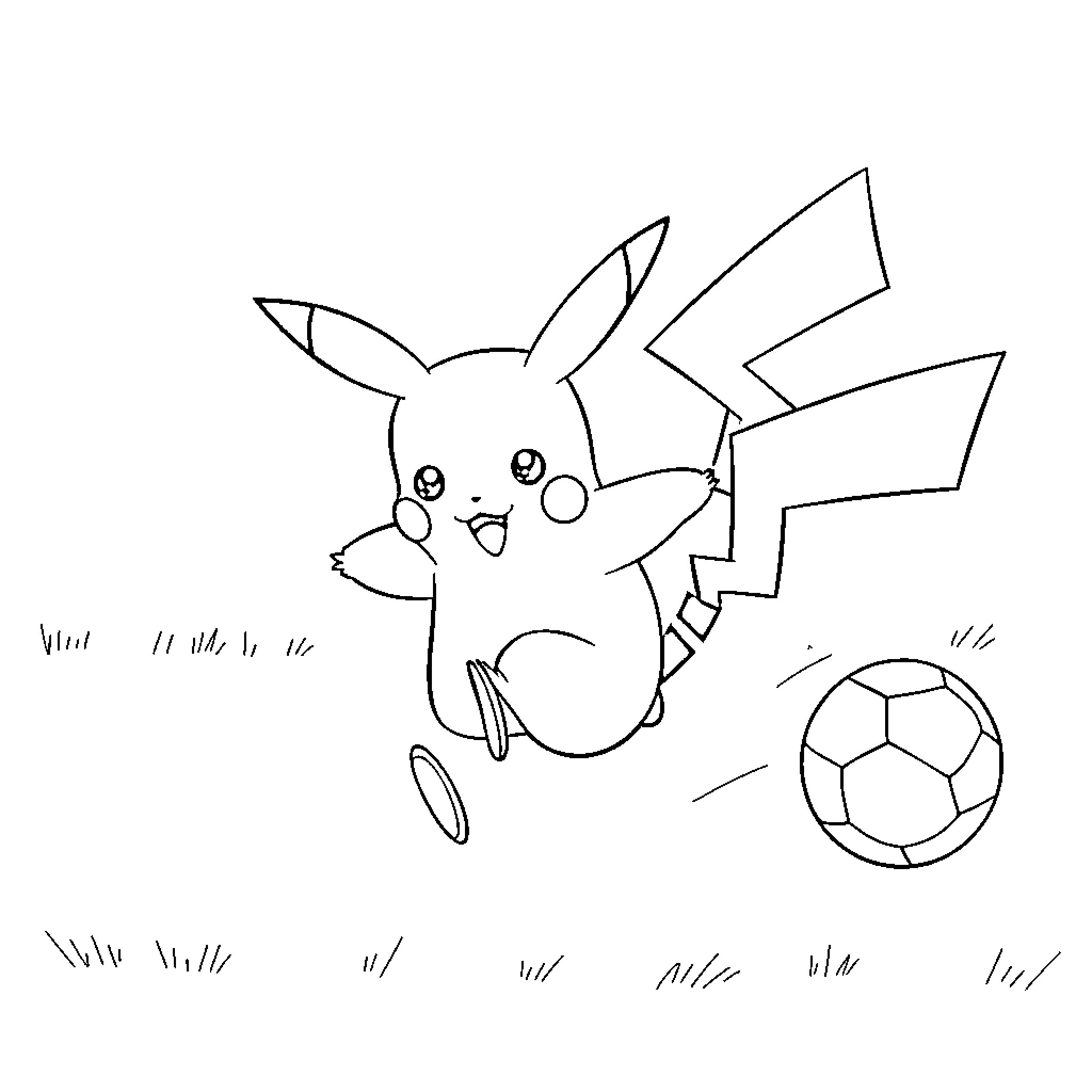 Pikachu playing with soccer ball happily Coloring Page (free black-and-white line drawing printable PDF for all, from beginners to advanced learners, including children, teens, adults, and seniors)