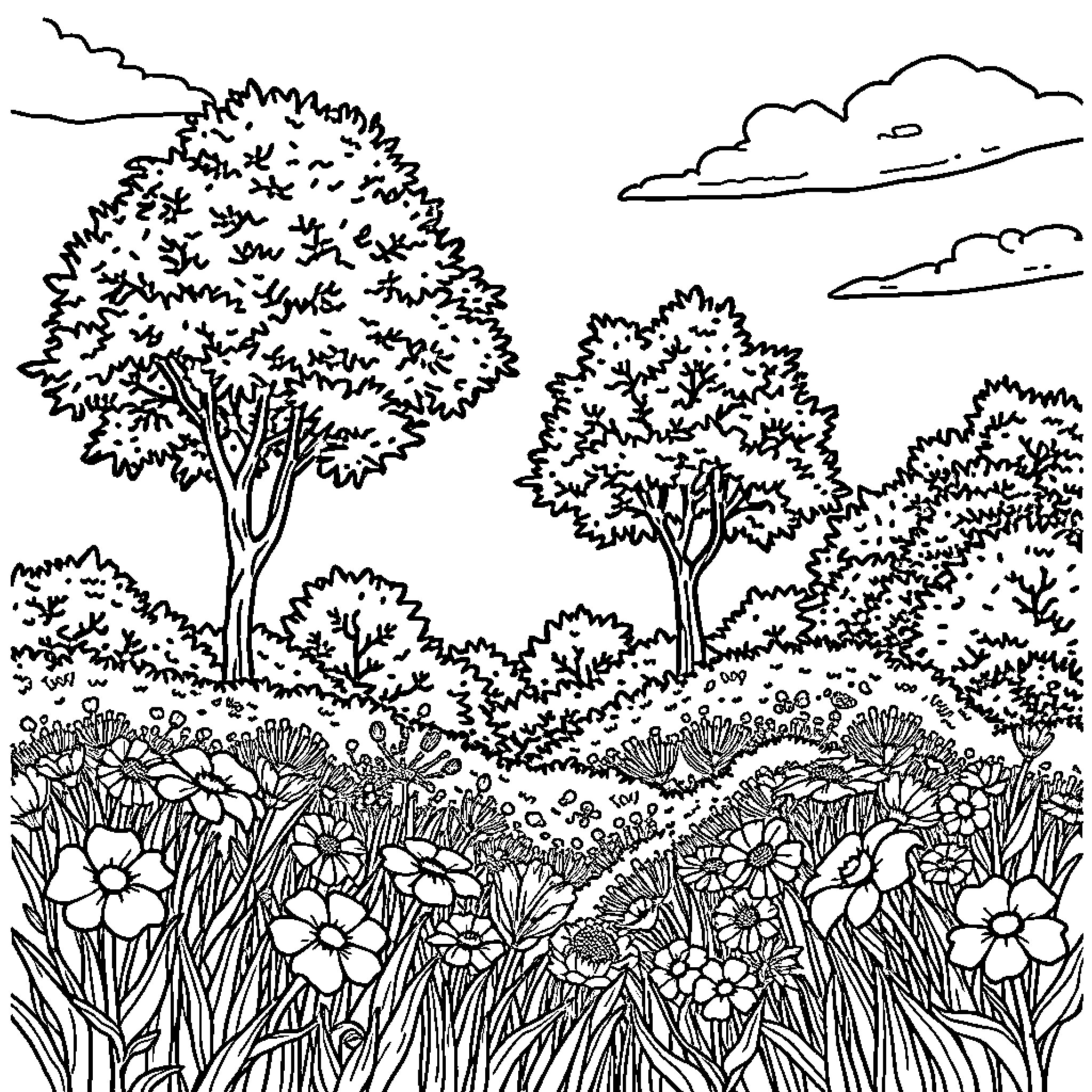 Nature's Vibrant Garden Landscape Coloring Page (free black-and-white line drawing printable PDF for all, from beginners to advanced learners, including children, teens, adults, and seniors)