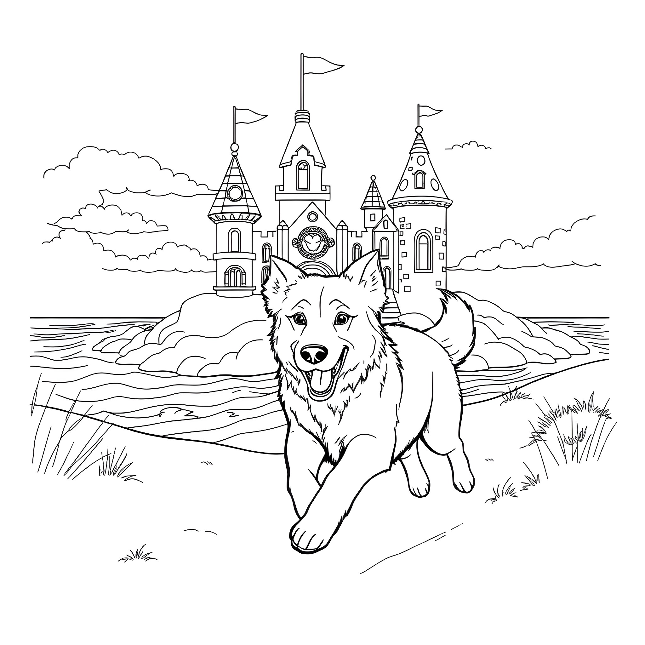 Maremma Dog Playing Near Fairy Tale Castle Coloring Page (free black-and-white line drawing printable PDF for all, from beginners to advanced learners, including children, teens, adults, and seniors)