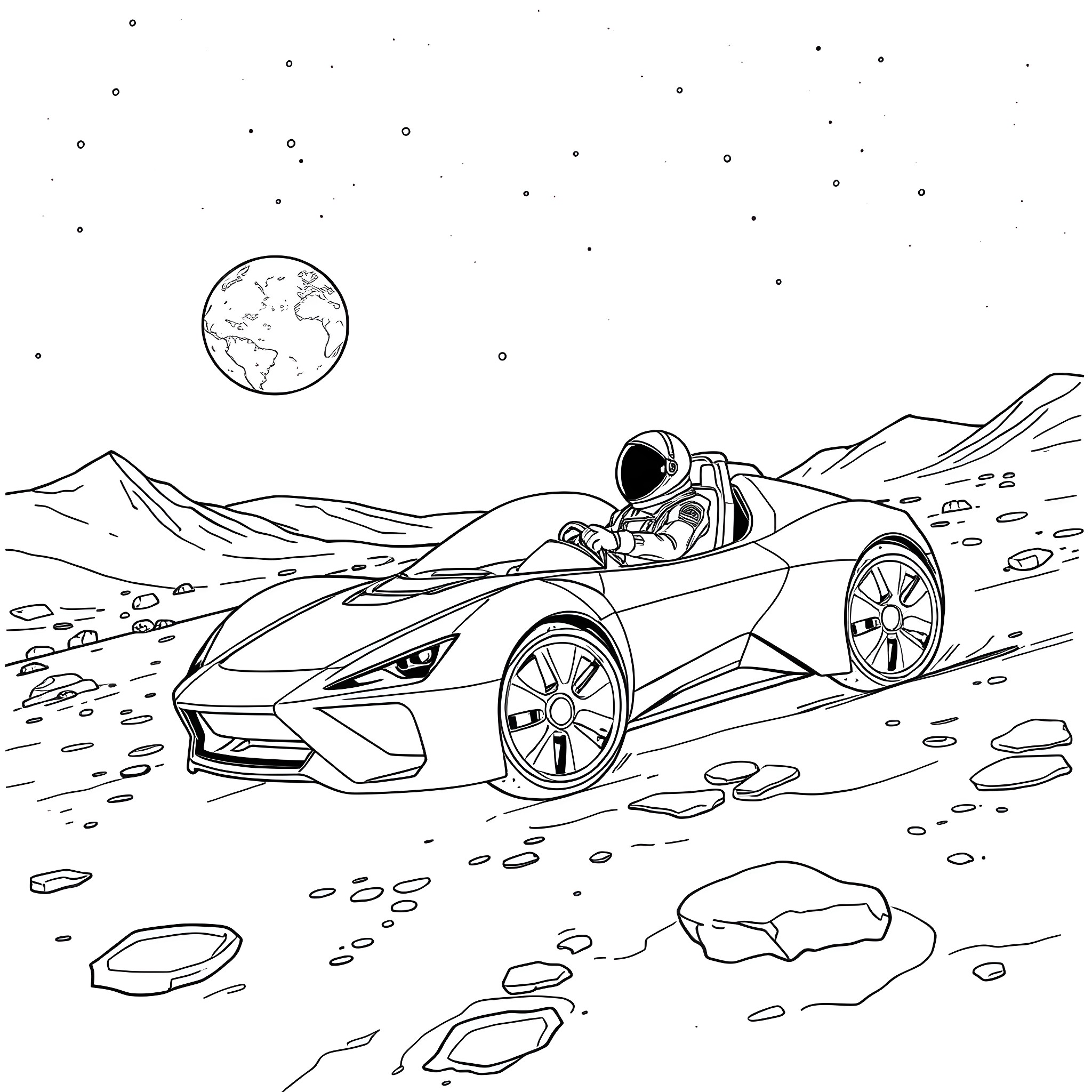 Astronaut driving futuristic vehicle on alien planet Coloring Page (free black-and-white line drawing printable PDF for all, from beginners to advanced learners, including children, teens, adults, and seniors)