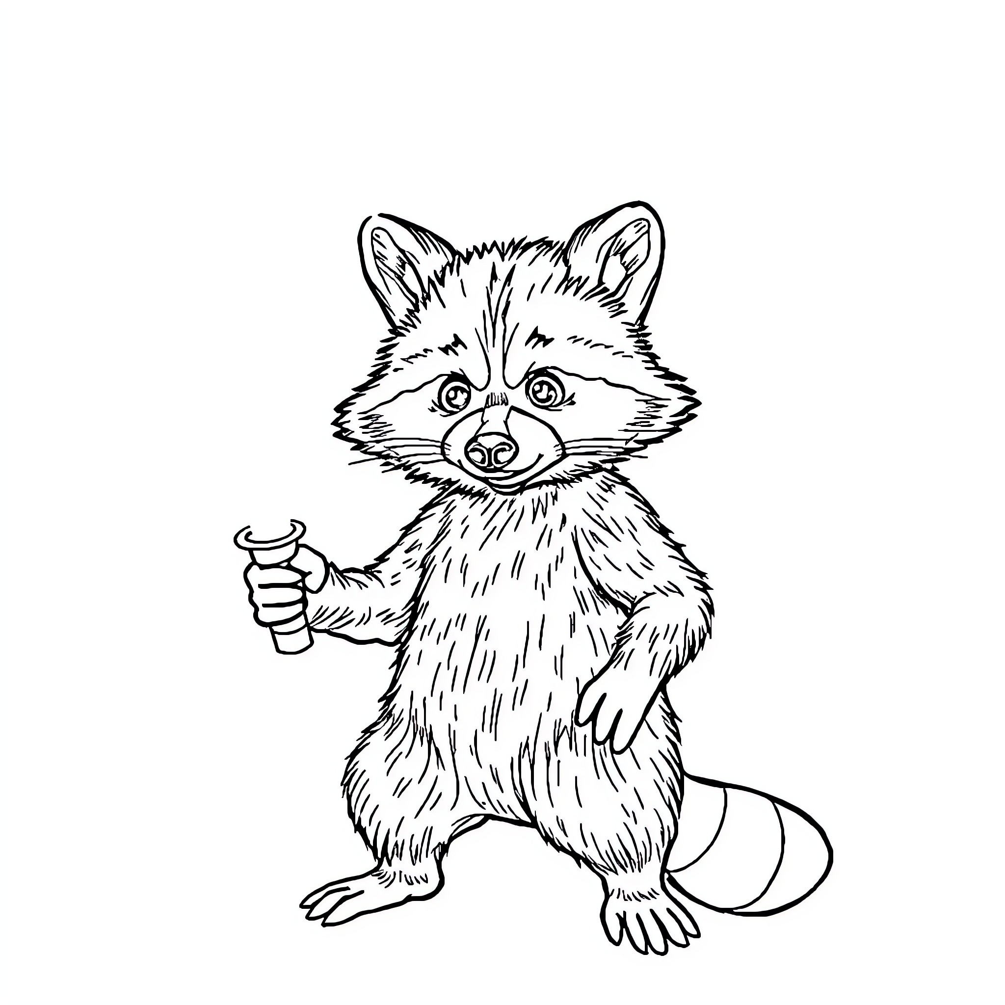 Raccoon holding a wrench in a cartoon style Coloring Page (free black-and-white line drawing printable PDF for all, from beginners to advanced learners, including children, teens, adults, and seniors)