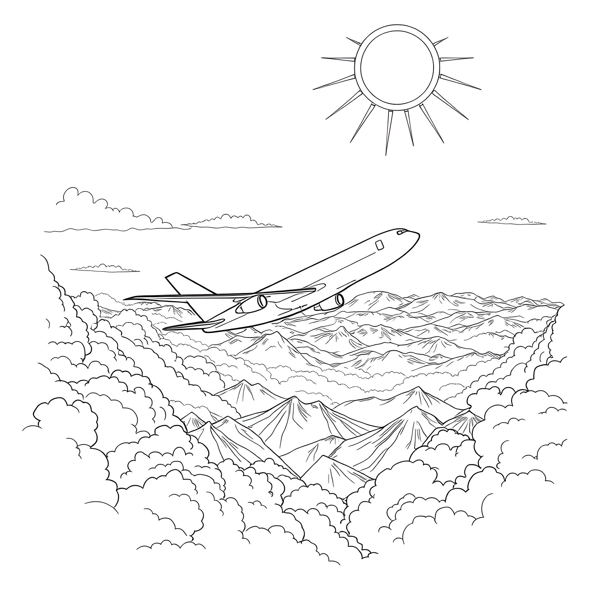 Airplane soaring through cloudy skies over mountains Coloring Page (free black-and-white line drawing printable PDF for all, from beginners to advanced learners, including children, teens, adults, and seniors)