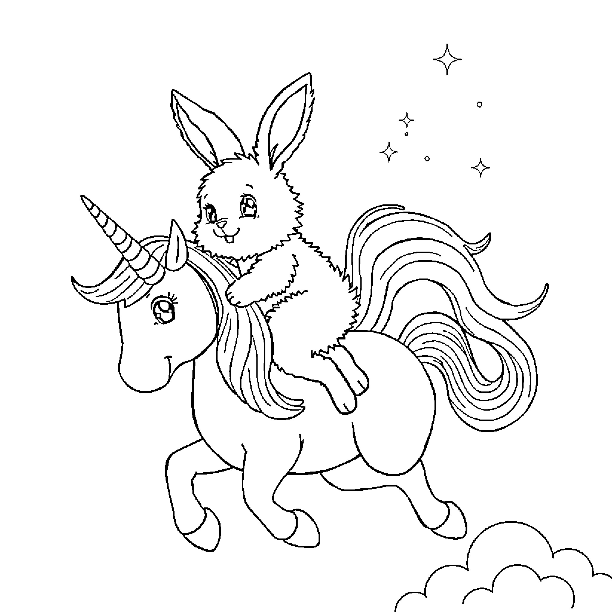Bunny riding a magical unicorn with stars Coloring Page (free black-and-white line drawing printable PDF for all, from beginners to advanced learners, including children, teens, adults, and seniors)