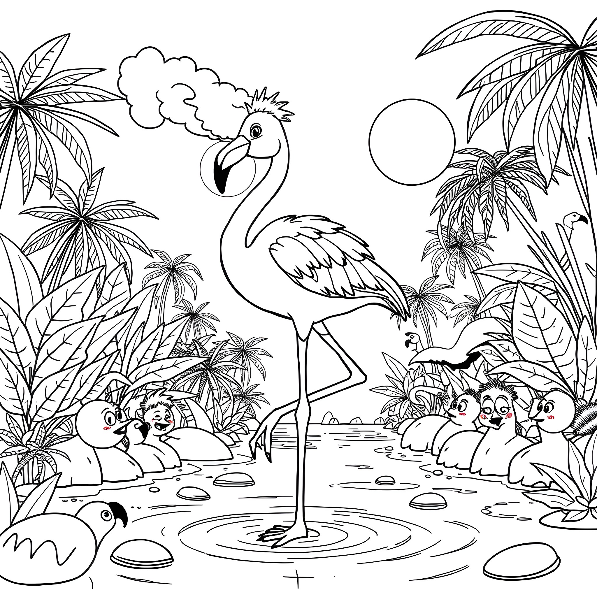Flamingo strolling through tropical paradise Coloring Page (free black-and-white line drawing printable PDF for all, from beginners to advanced learners, including children, teens, adults, and seniors)
