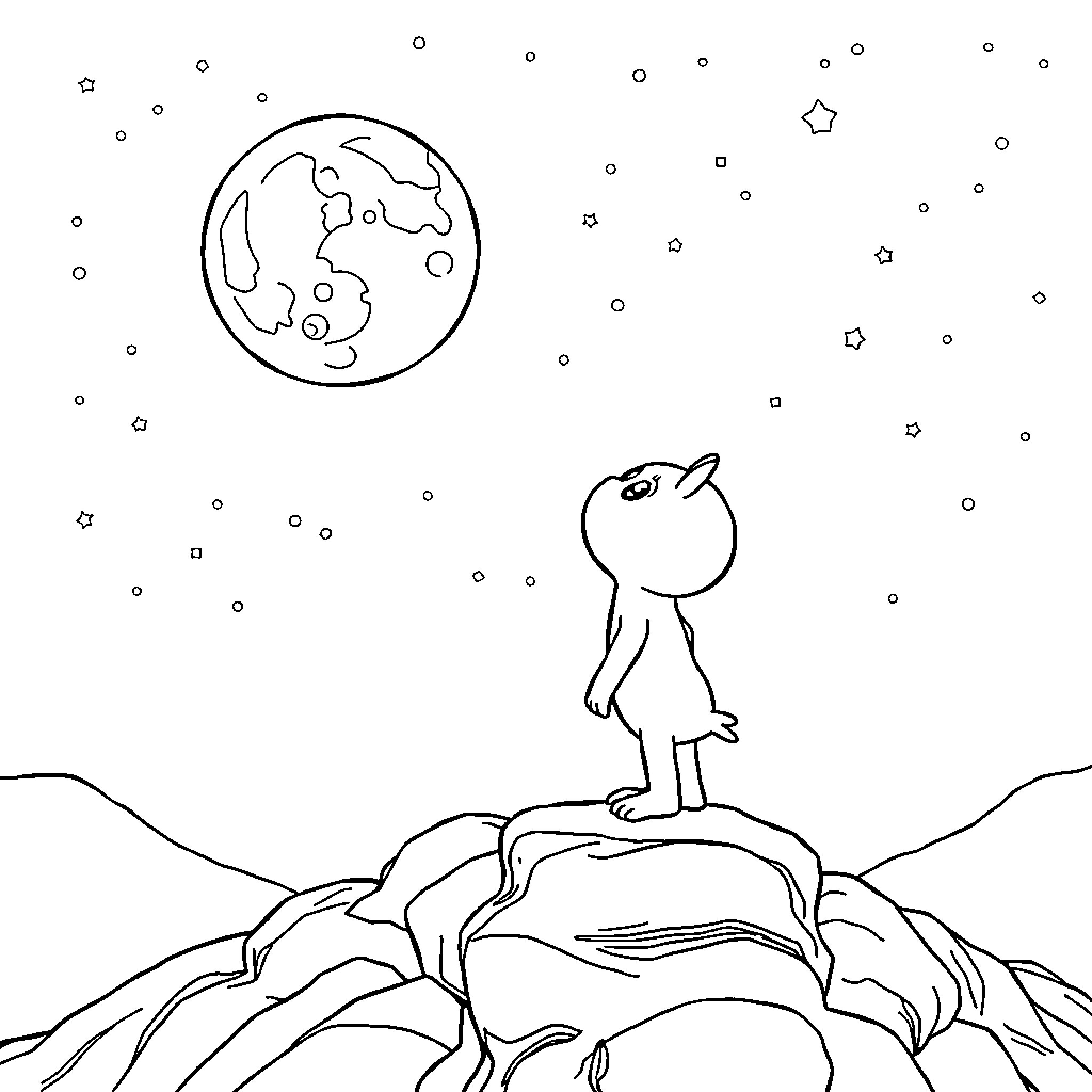 Blippy's Cosmic Adventure Coloring Page (free black-and-white line drawing printable PDF for all, from beginners to advanced learners, including children, teens, adults, and seniors)