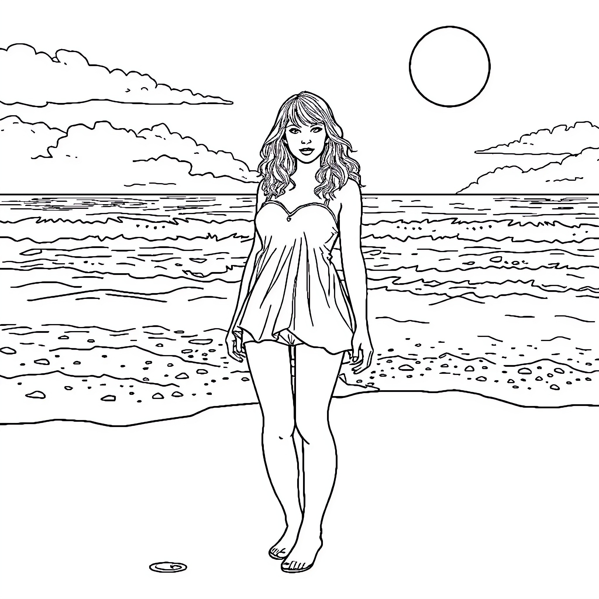 Taylor Swift posing on a beach at sunset Coloring Page (free black-and-white line drawing printable PDF for all, from beginners to advanced learners, including children, teens, adults, and seniors)