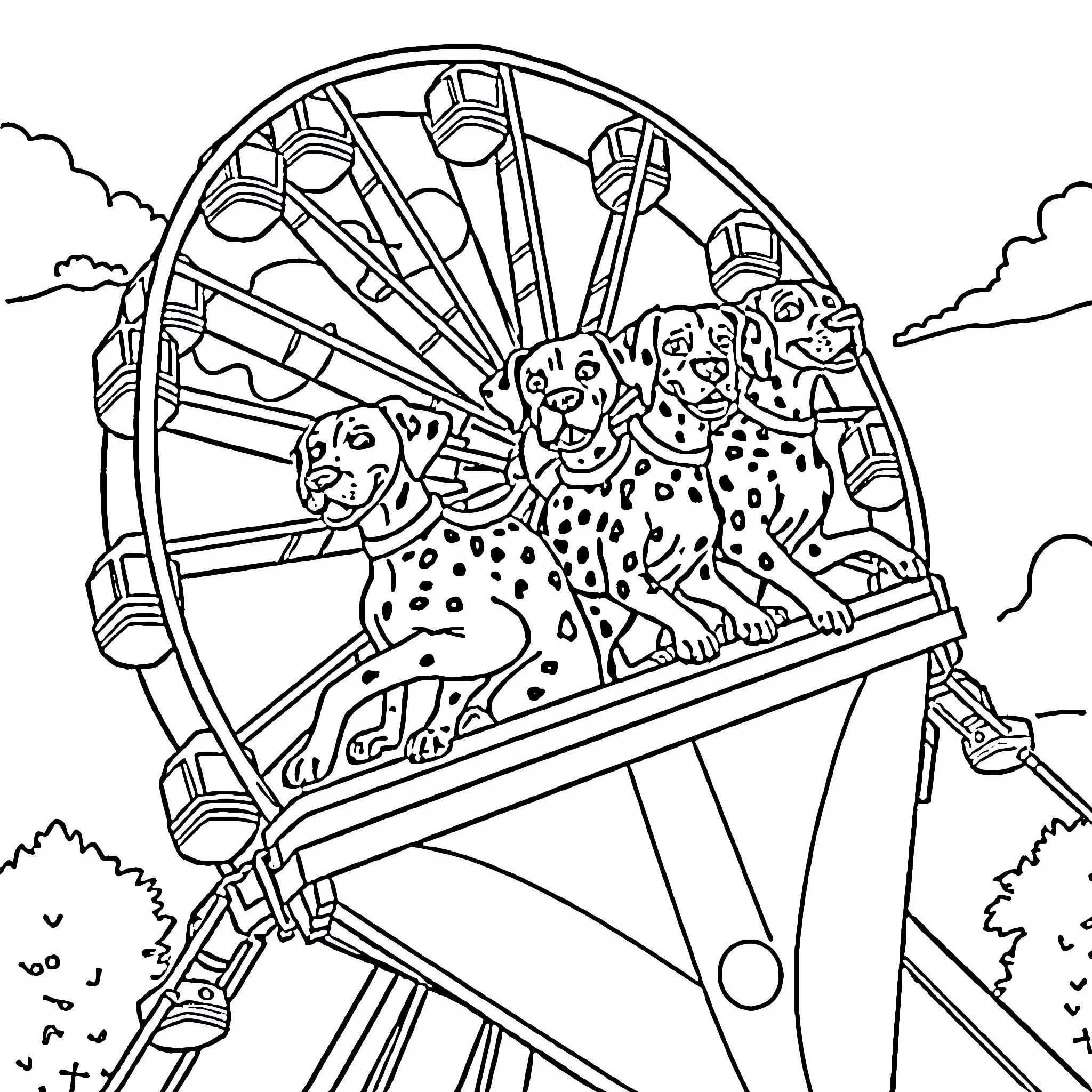 Dalmatian dogs riding a carnival ferris wheel Coloring Page (free black-and-white line drawing printable PDF for all, from beginners to advanced learners, including children, teens, adults, and seniors)