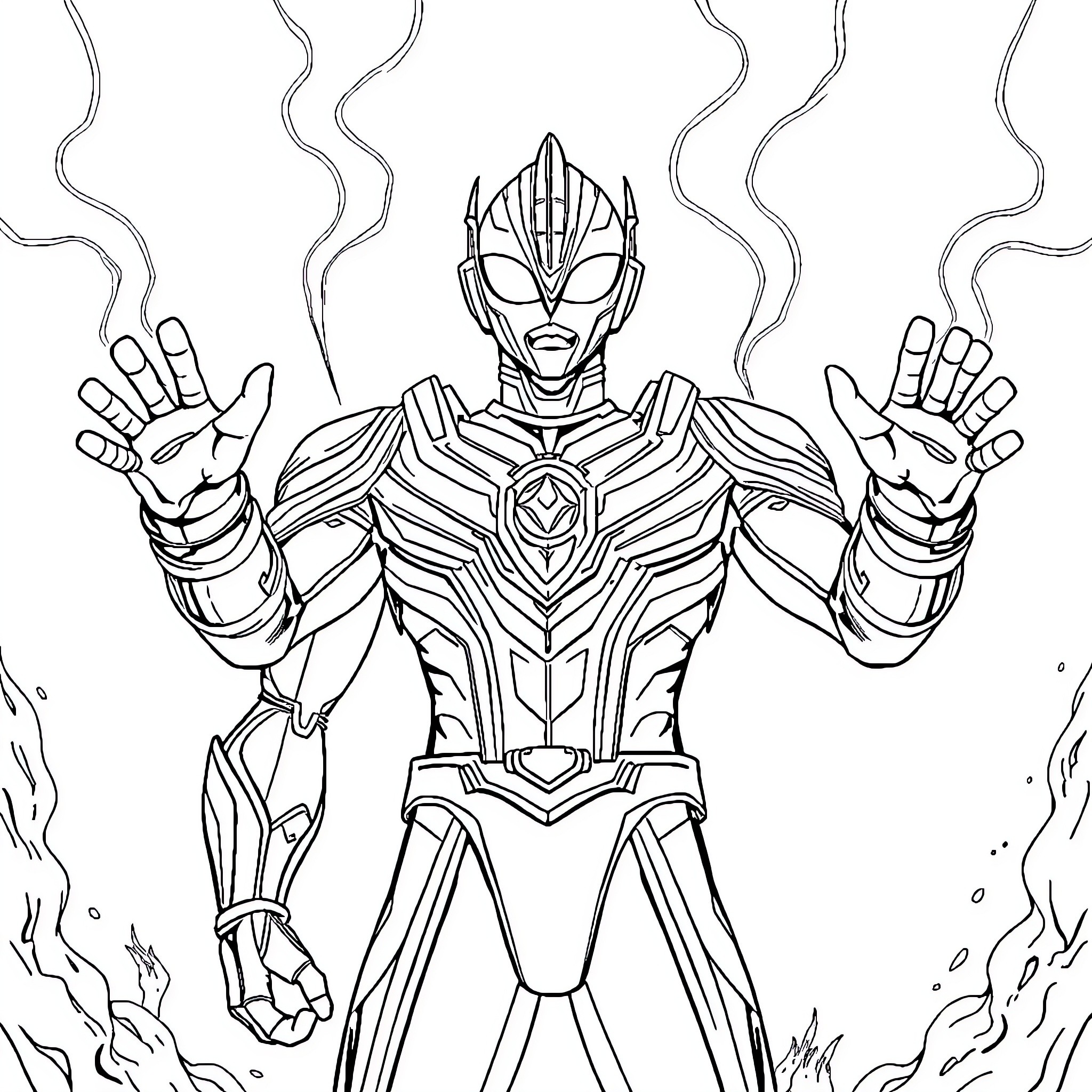 Ultraman in action-packed pose with energy emanating Coloring Page (free black-and-white line drawing printable PDF for all, from beginners to advanced learners, including children, teens, adults, and seniors)
