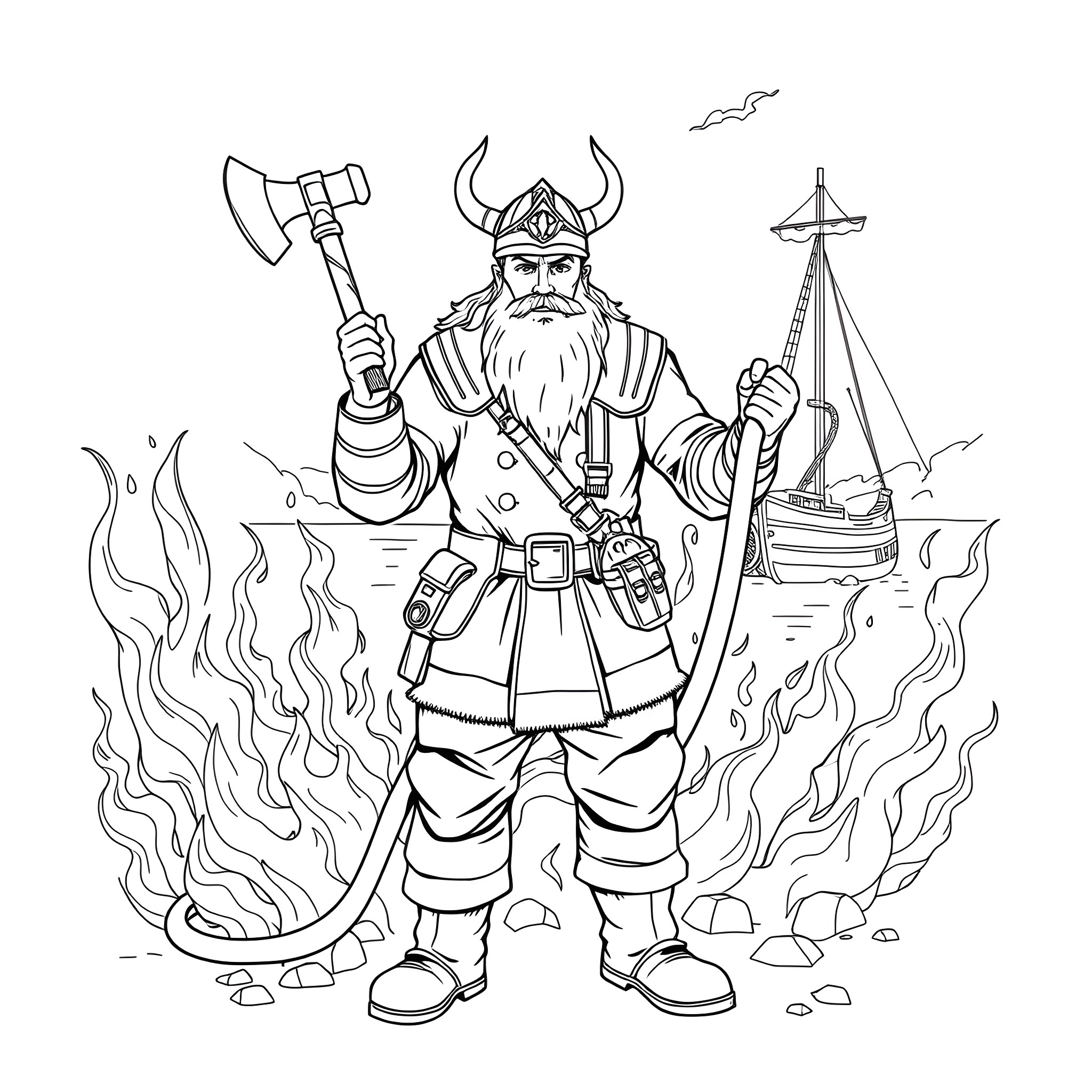 Viking warrior wielding an axe by a burning ship Coloring Page (free black-and-white line drawing printable PDF for all, from beginners to advanced learners, including children, teens, adults, and seniors)