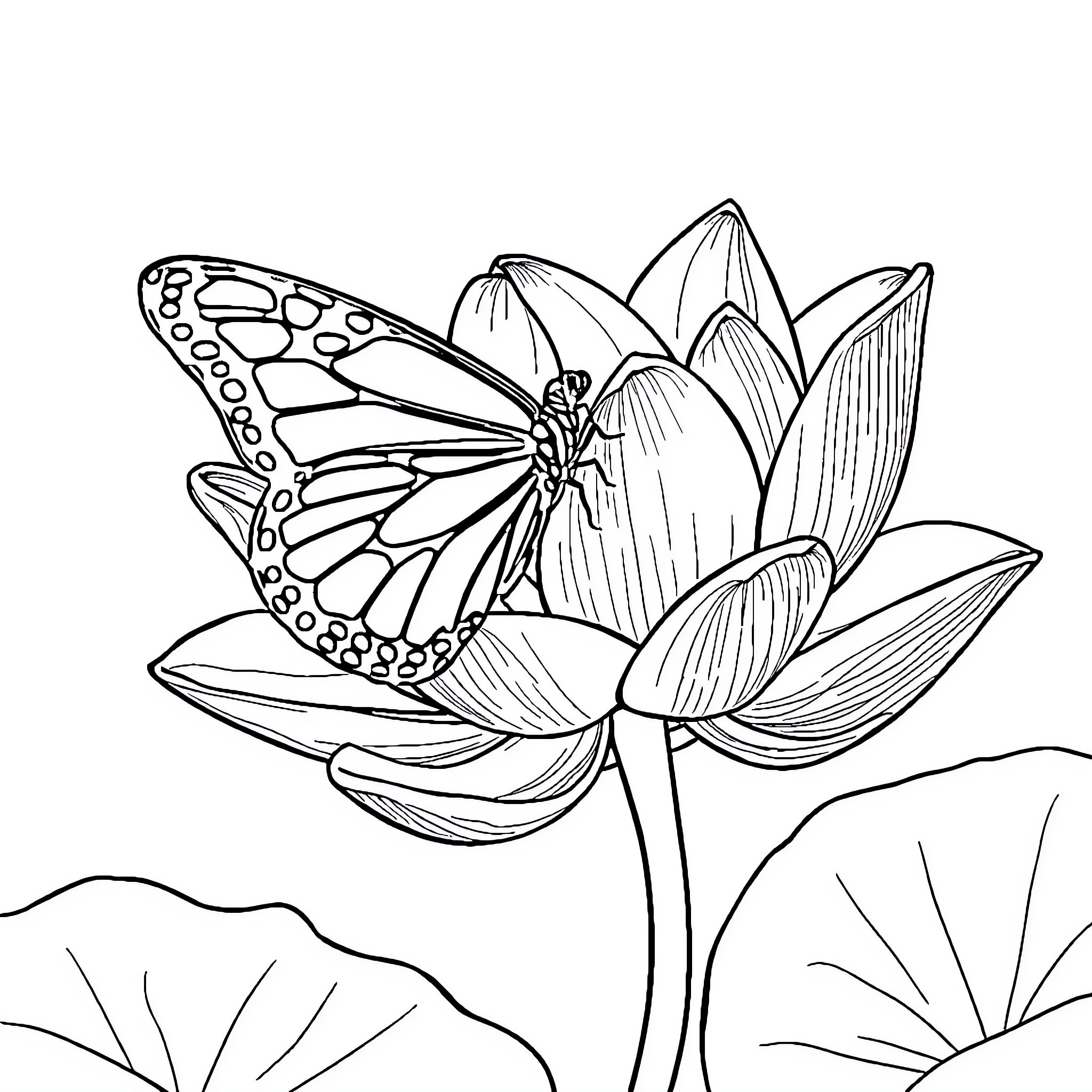 Butterfly resting on a lotus flower Coloring Page (free black-and-white line drawing printable PDF for all, from beginners to advanced learners, including children, teens, adults, and seniors)