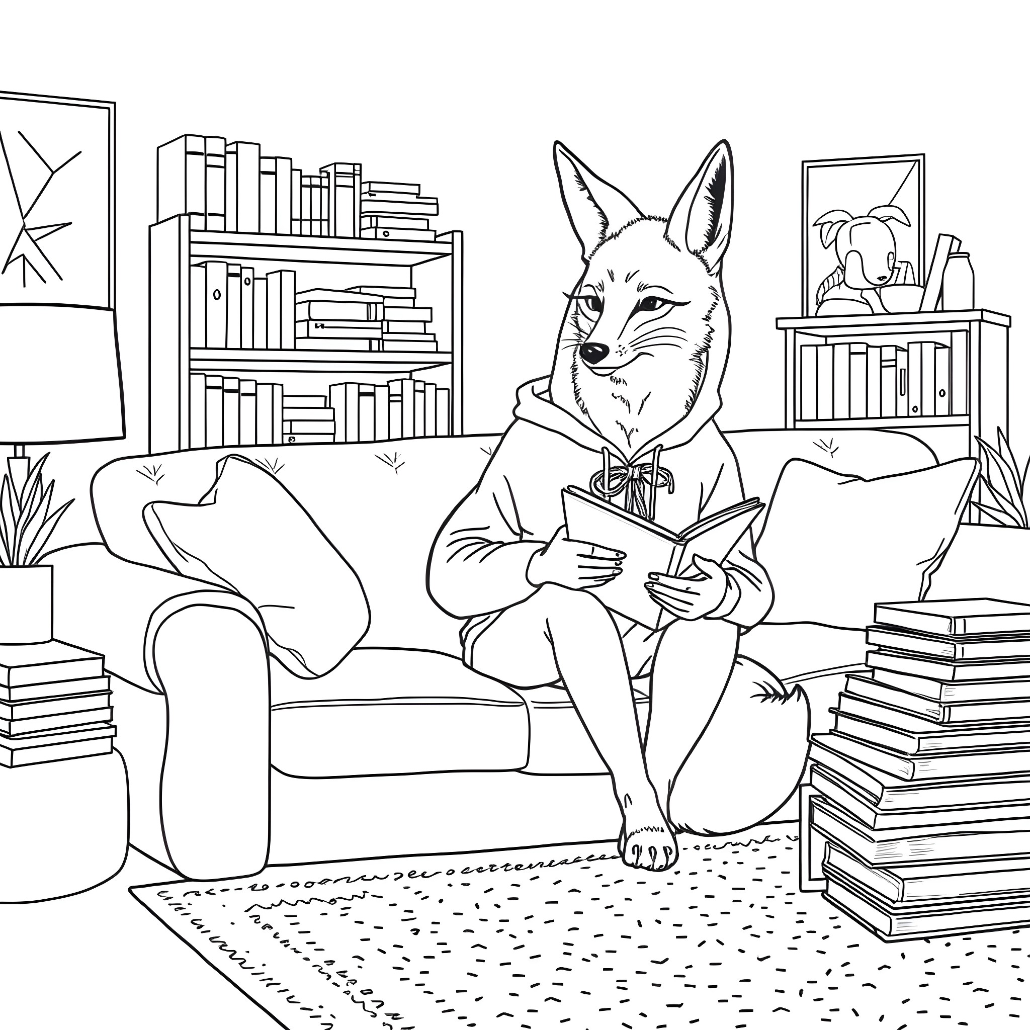 Fox reading a book in a cozy library Coloring Page (free black-and-white line drawing printable PDF for all, from beginners to advanced learners, including children, teens, adults, and seniors)