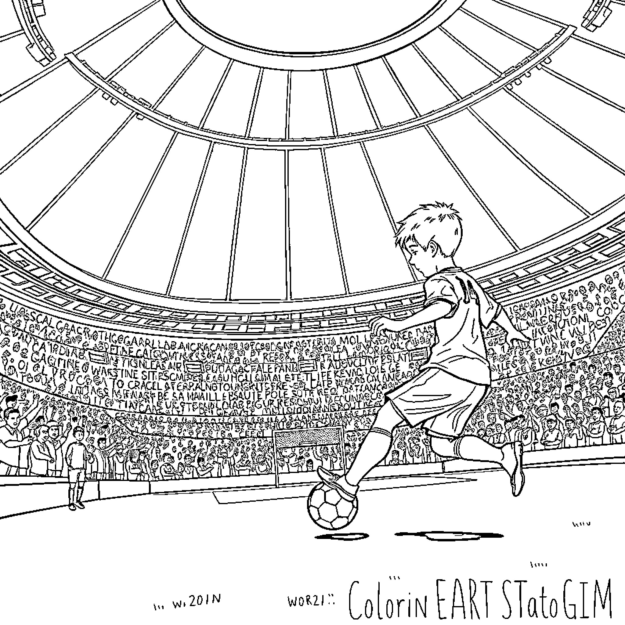 Boy playing soccer in a grand stadium Coloring Page (free black-and-white line drawing printable PDF for all, from beginners to advanced learners, including children, teens, adults, and seniors)