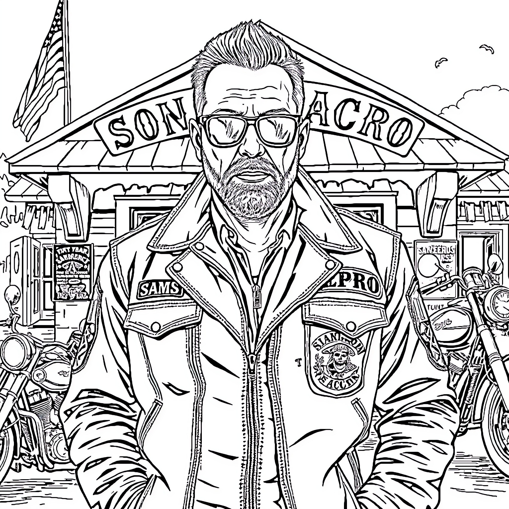 Chibs Protecting the Biker Hangout Coloring Page (free black-and-white line drawing printable PDF for all, from beginners to advanced learners, including children, teens, adults, and seniors)
