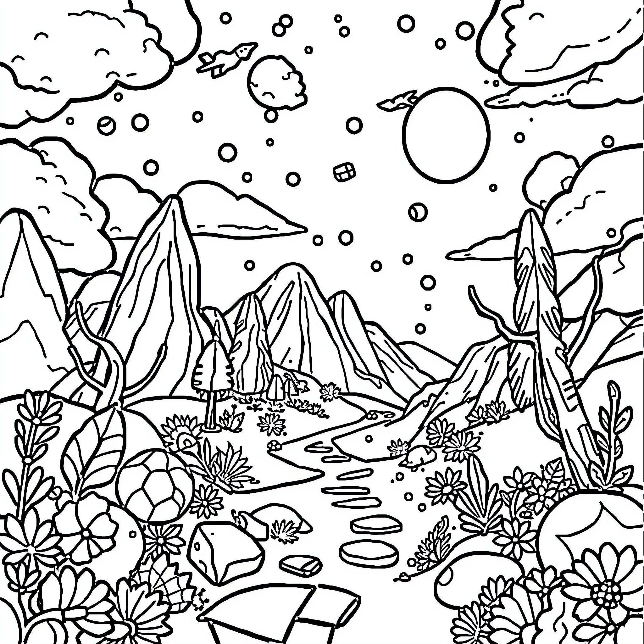 Math in the Wilderness: Geometric Shapes and Patterns Coloring Page (free black-and-white line drawing printable PDF for all, from beginners to advanced learners, including children, teens, adults, and seniors)