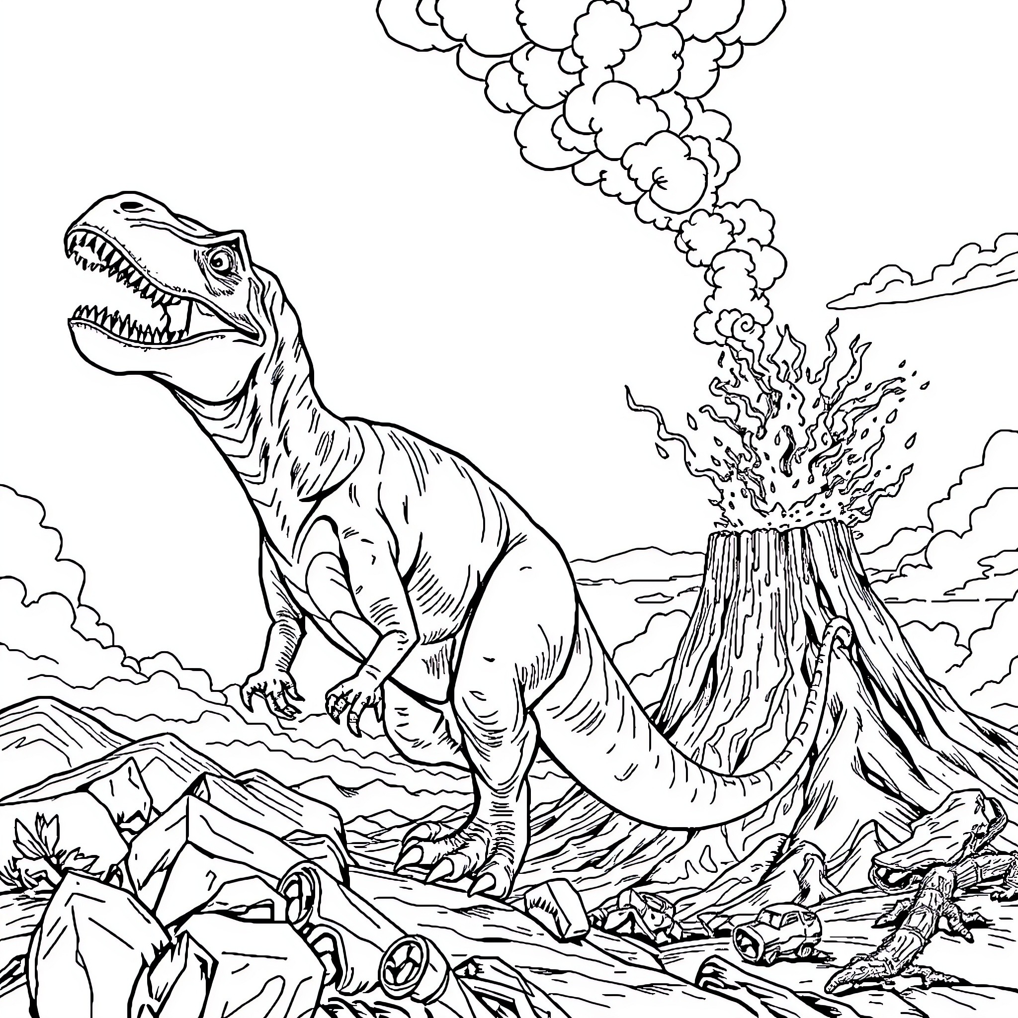 Dinosaur roaring near erupting volcano Coloring Page (free black-and-white line drawing printable PDF for all, from beginners to advanced learners, including children, teens, adults, and seniors)