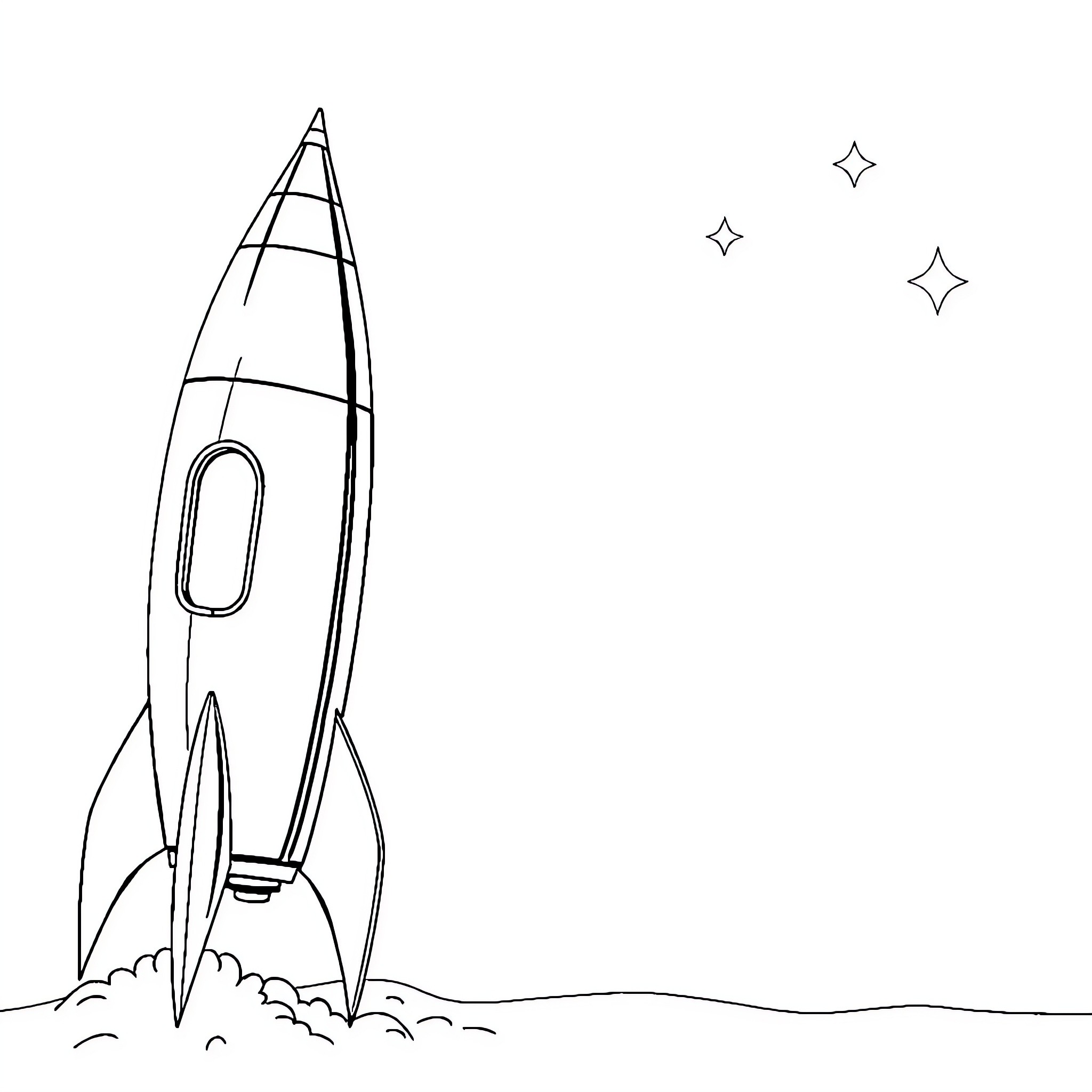 Rocket Launching Into the Starry Night Sky Coloring Page (free black-and-white line drawing printable PDF for all, from beginners to advanced learners, including children, teens, adults, and seniors)