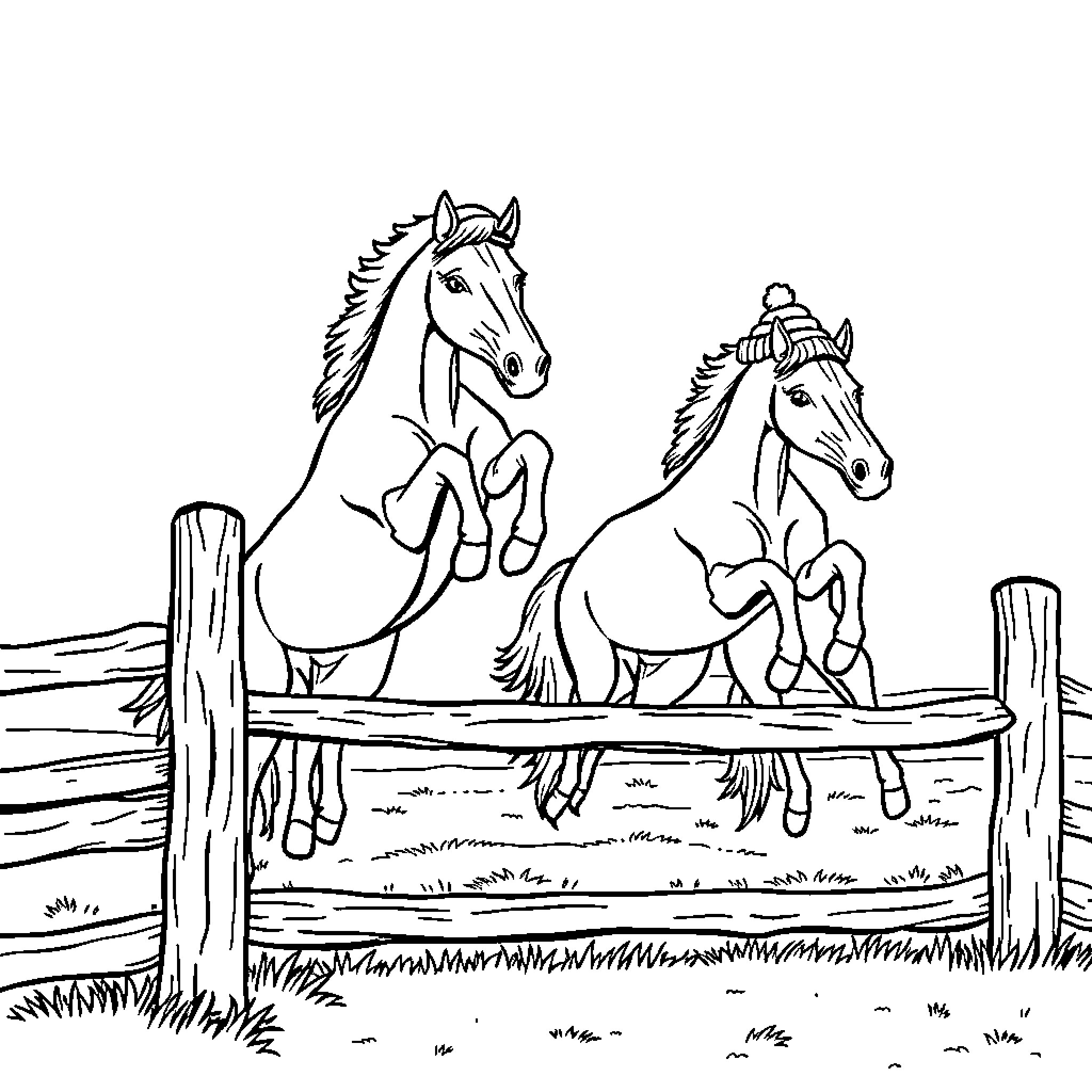 Horses jumping over a fence in a field Coloring Page (free black-and-white line drawing printable PDF for all, from beginners to advanced learners, including children, teens, adults, and seniors)