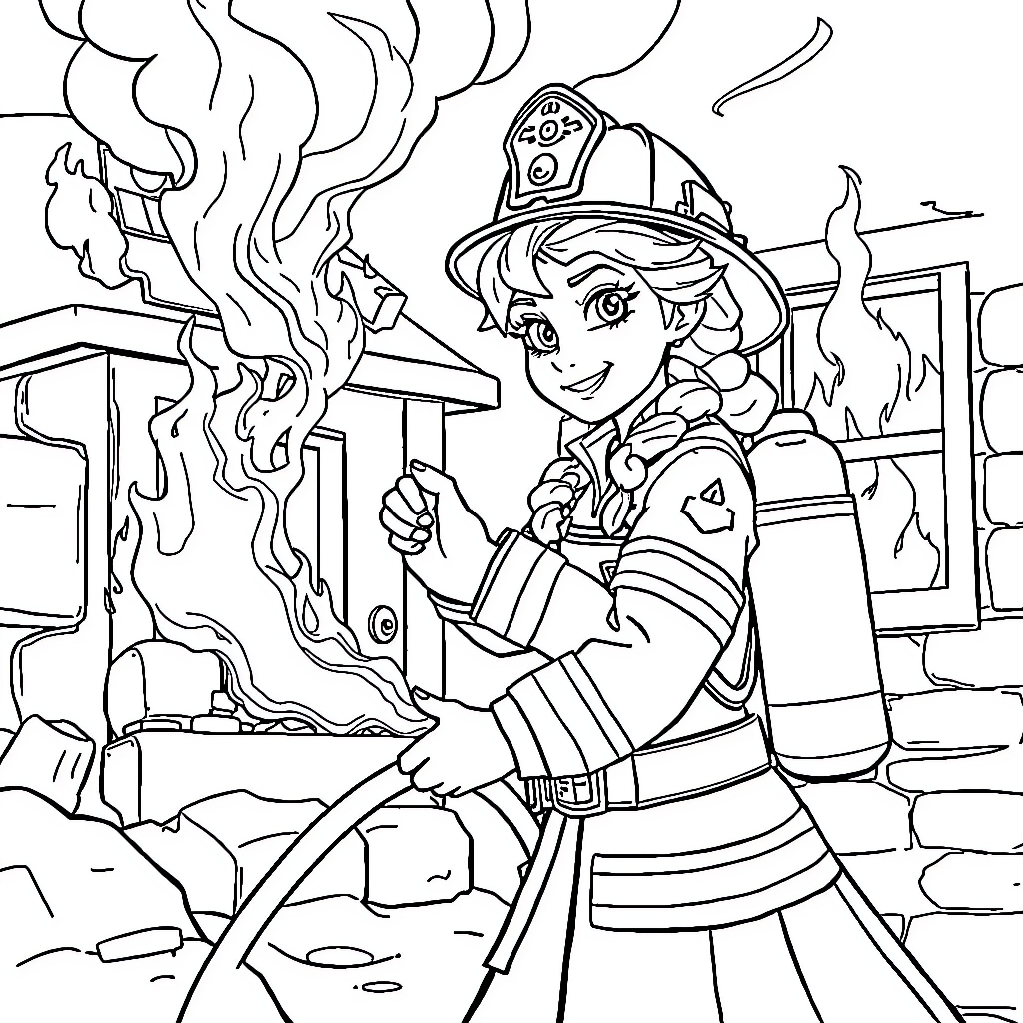 Princess Elsa as a Heroic Firefighter Battling Flames Coloring Page (free black-and-white line drawing printable PDF for all, from beginners to advanced learners, including children, teens, adults, and seniors)