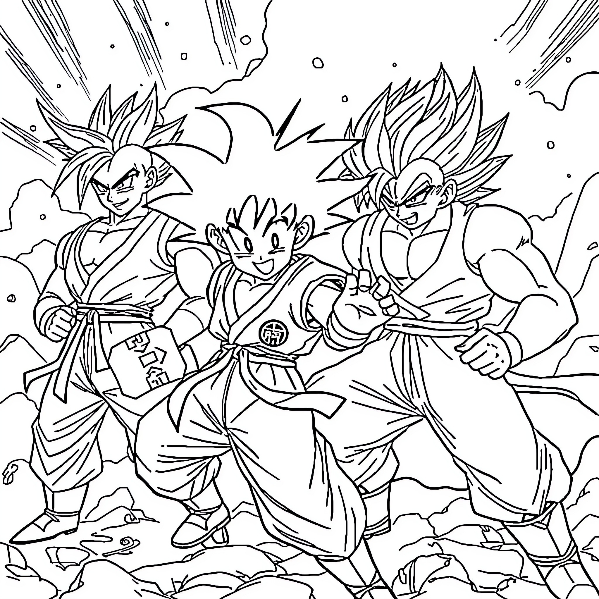 Dragon Ball Z Characters in Intense Battle Pose Coloring Page (free black-and-white line drawing printable PDF for all, from beginners to advanced learners, including children, teens, adults, and seniors)