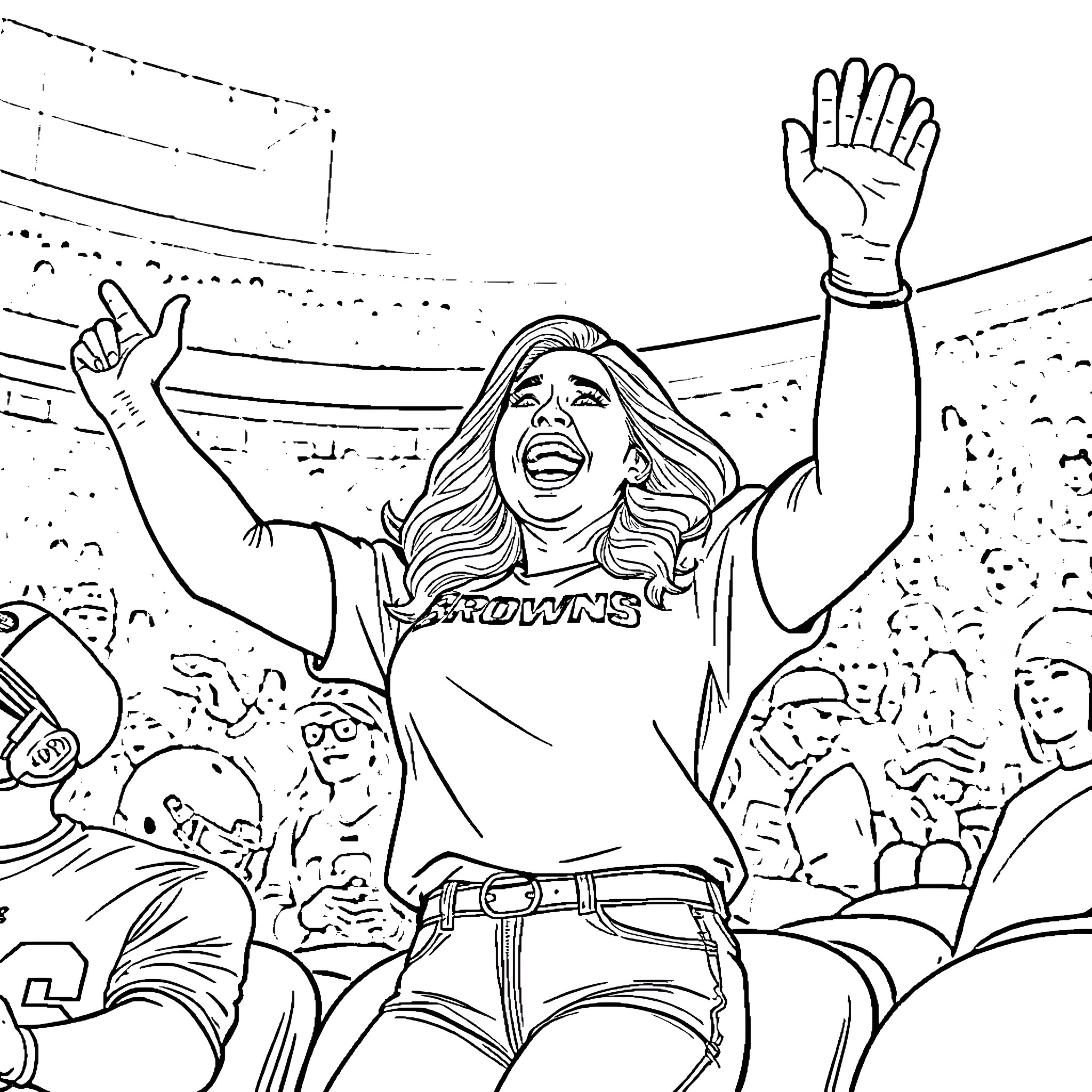 Carmen DeFranco cheering excitedly at a stadium event Coloring Page (free black-and-white line drawing printable PDF for all, from beginners to advanced learners, including children, teens, adults, and seniors)