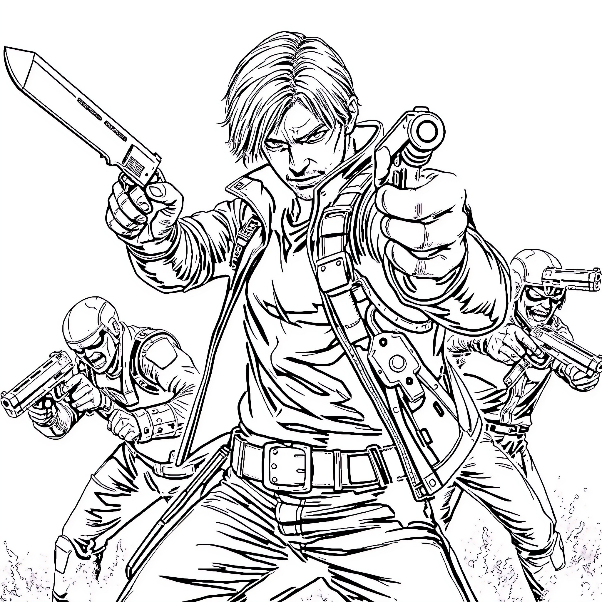 Leon's Heroic Standoff with Armed Adversaries Coloring Page (free black-and-white line drawing printable PDF for all, from beginners to advanced learners, including children, teens, adults, and seniors)