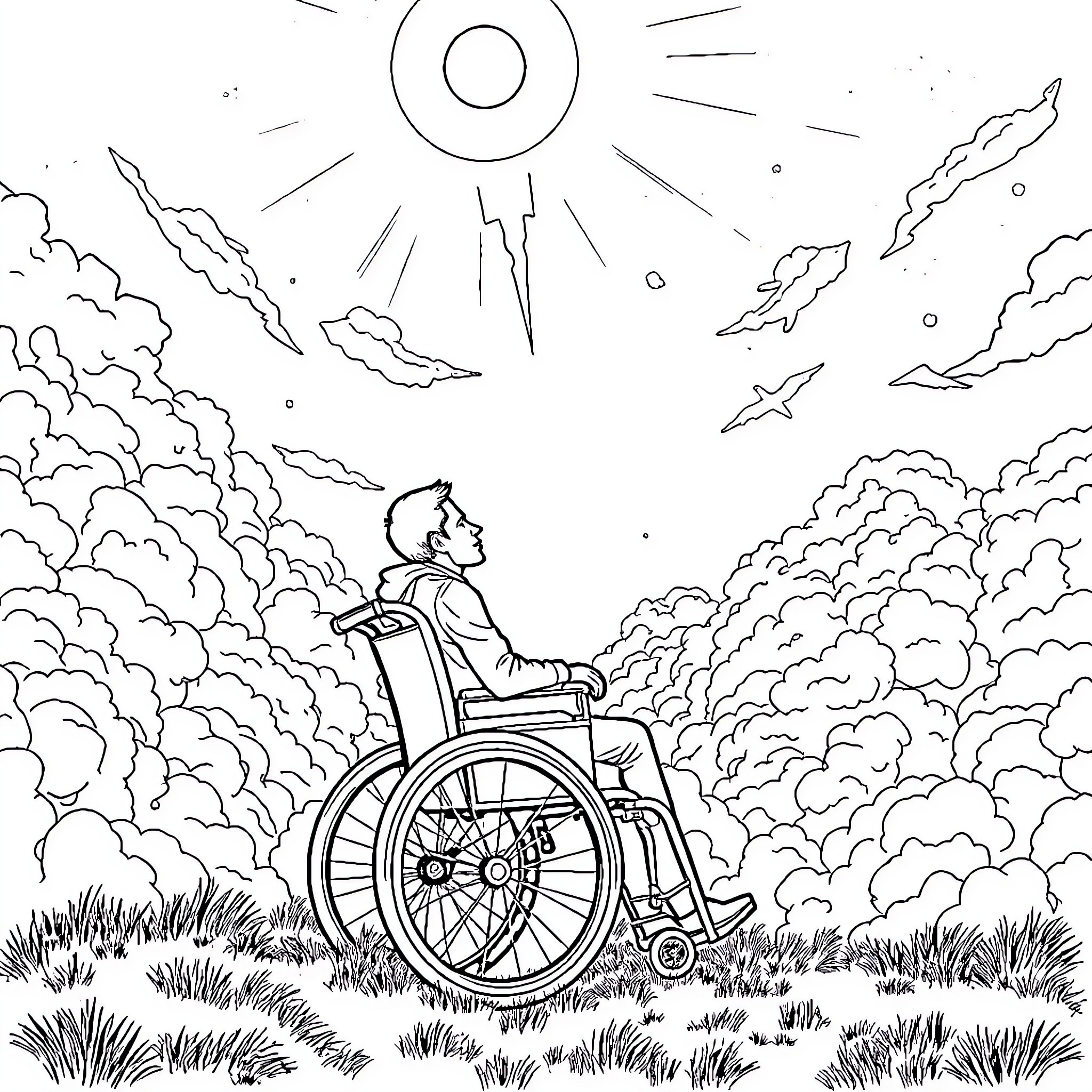 Man in wheelchair gazing at the sky Coloring Page (free black-and-white line drawing printable PDF for all, from beginners to advanced learners, including children, teens, adults, and seniors)