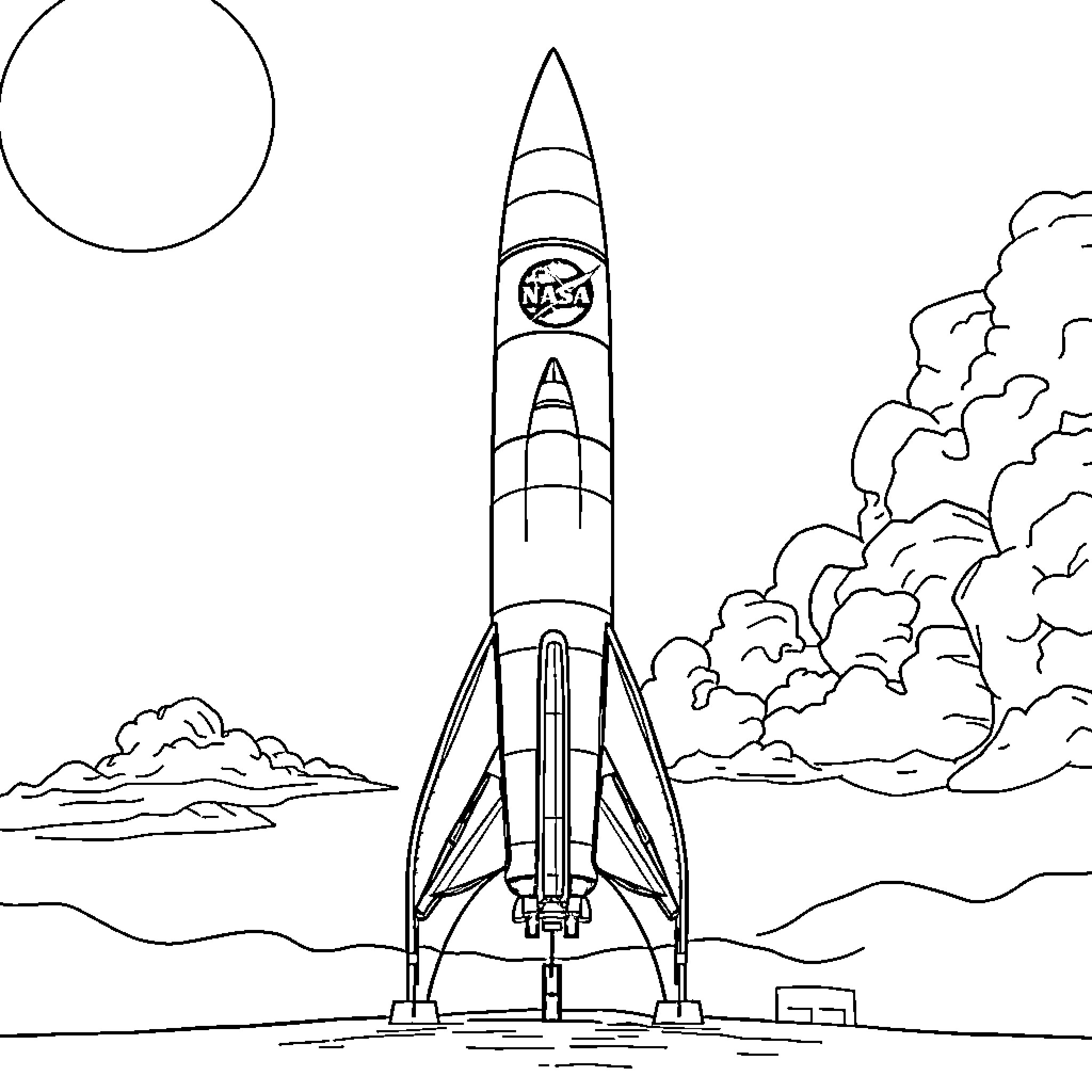 Rocketship blasting off with smoke plumes Coloring Page (free black-and-white line drawing printable PDF for all, from beginners to advanced learners, including children, teens, adults, and seniors)