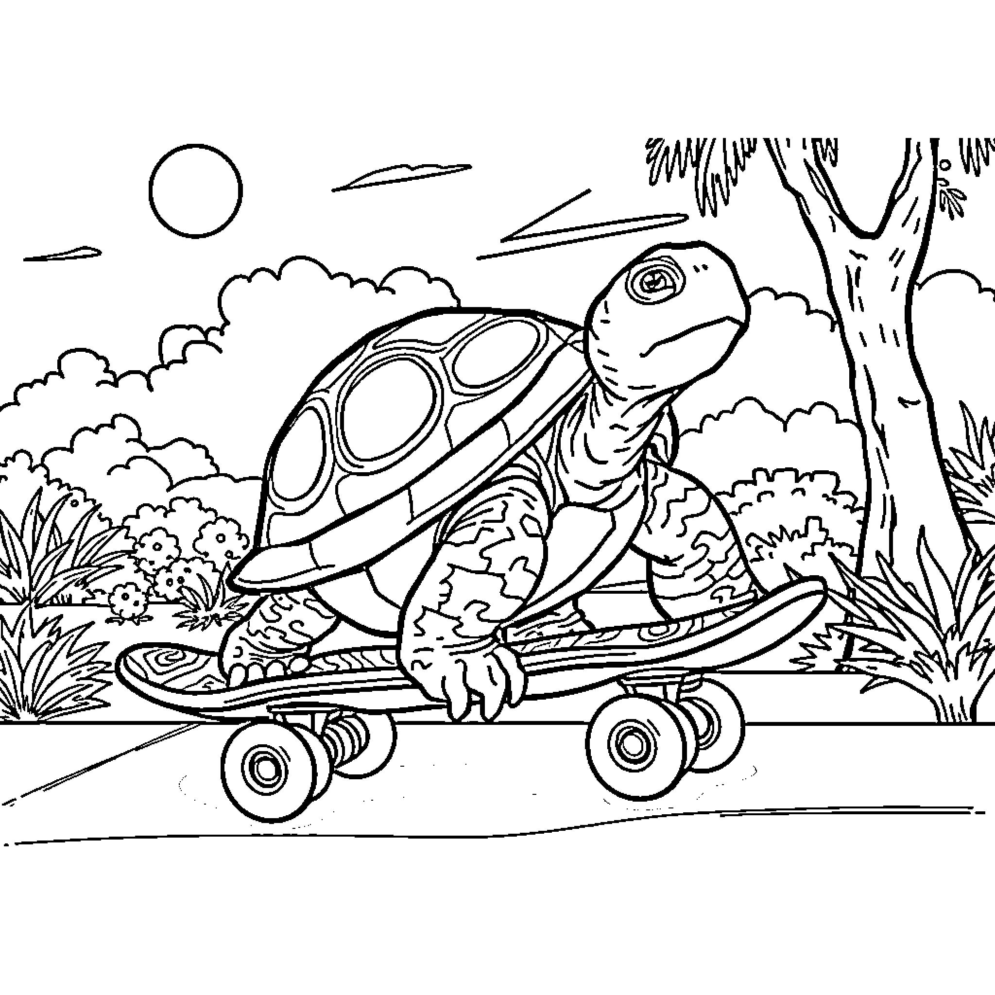 Turtle riding a skateboard through the park Coloring Page (free black-and-white line drawing printable PDF for all, from beginners to advanced learners, including children, teens, adults, and seniors)