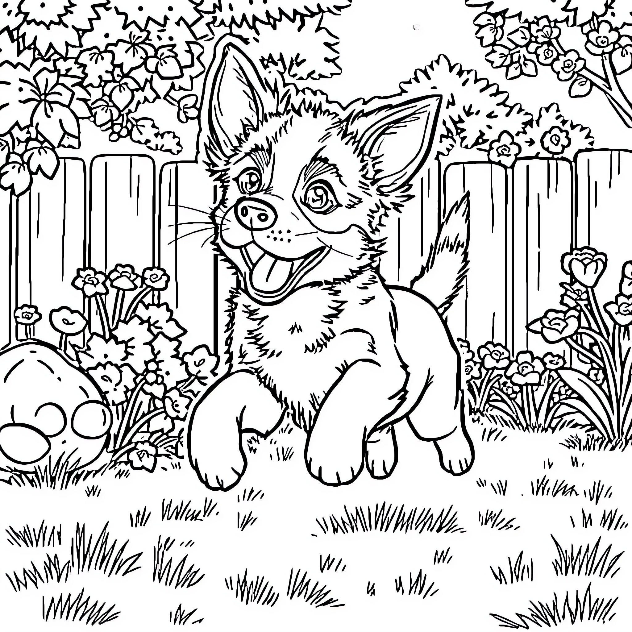 Bluey playing joyfully in the garden Coloring Page (free black-and-white line drawing printable PDF for all, from beginners to advanced learners, including children, teens, adults, and seniors)