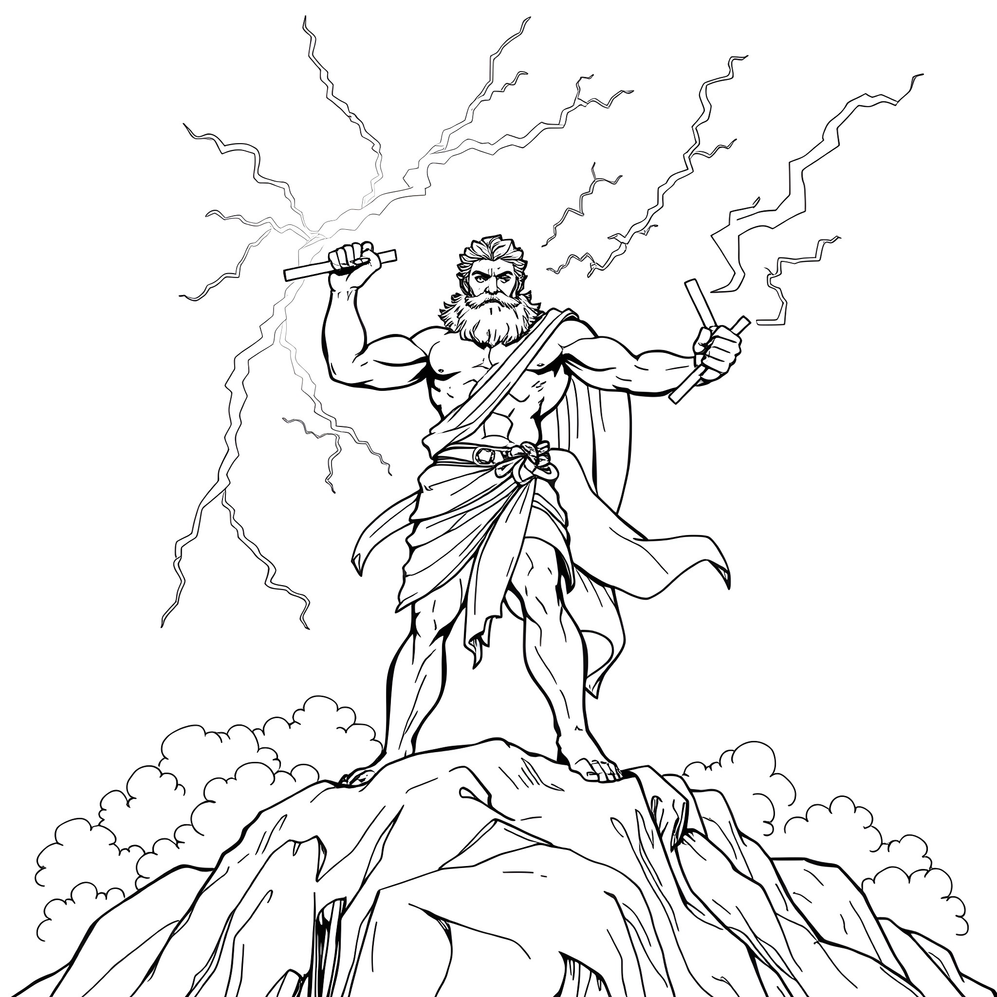Zeus wielding thunderbolts on a mountain top Coloring Page (free black-and-white line drawing printable PDF for all, from beginners to advanced learners, including children, teens, adults, and seniors)