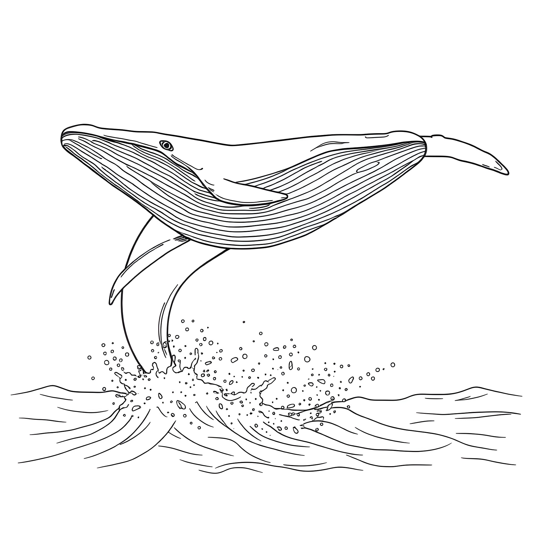 Whale breaching the waves Coloring Page (free black-and-white line drawing printable PDF for all, from beginners to advanced learners, including children, teens, adults, and seniors)