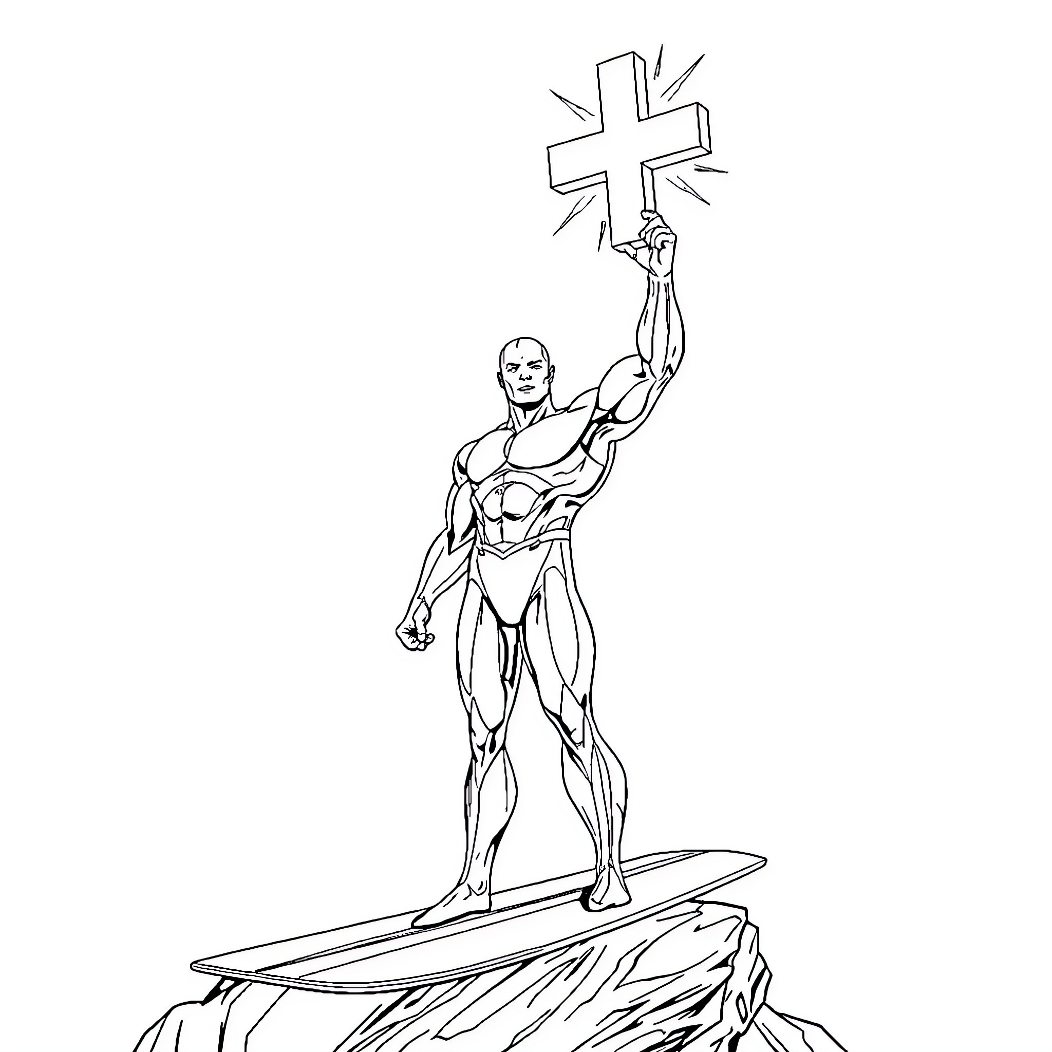 Silver Surfer Poses Triumphantly on Cliffside Coloring Page (free black-and-white line drawing printable PDF for all, from beginners to advanced learners, including children, teens, adults, and seniors)