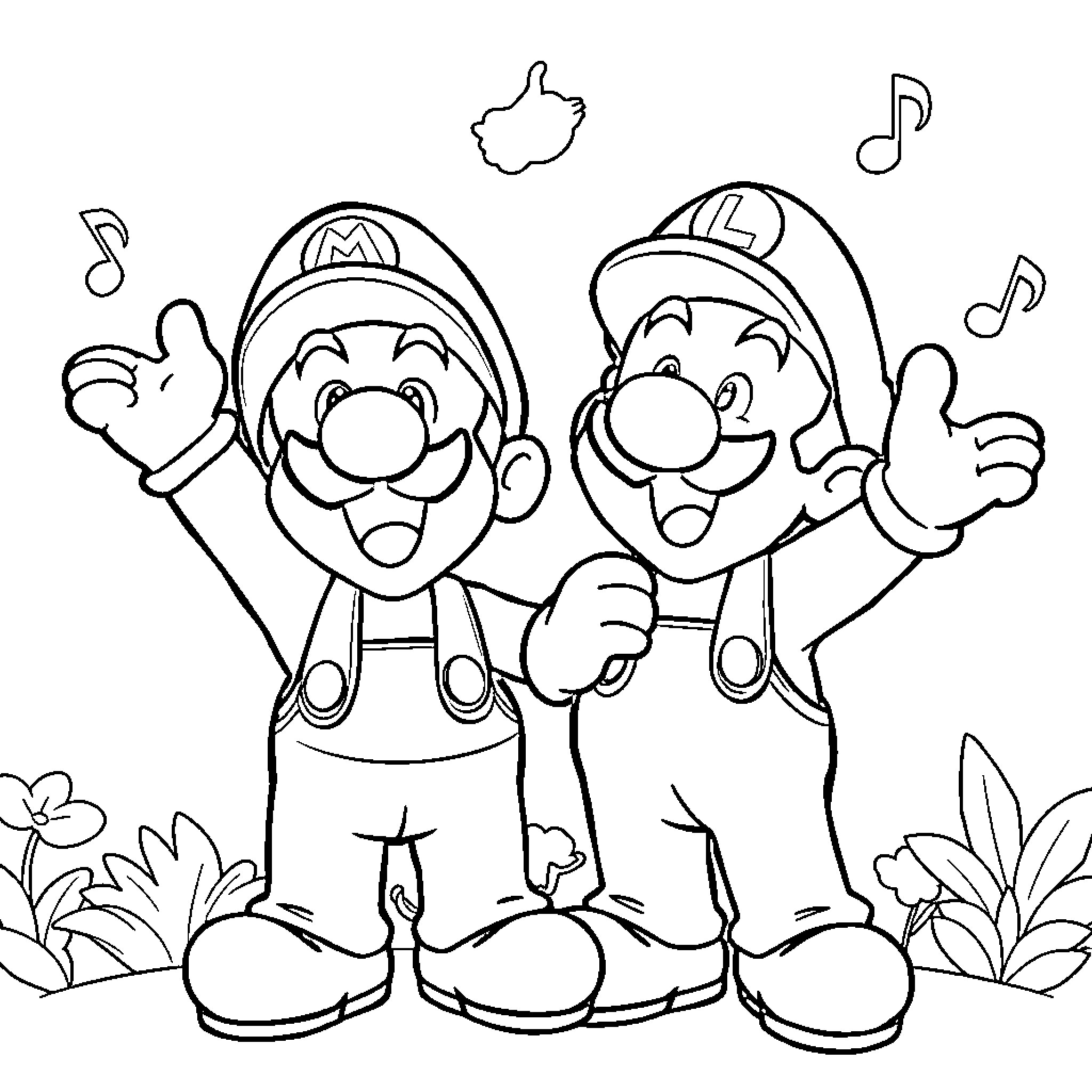 Mario and Luigi celebrating cheerfully Coloring Page (free black-and-white line drawing printable PDF for all, from beginners to advanced learners, including children, teens, adults, and seniors)