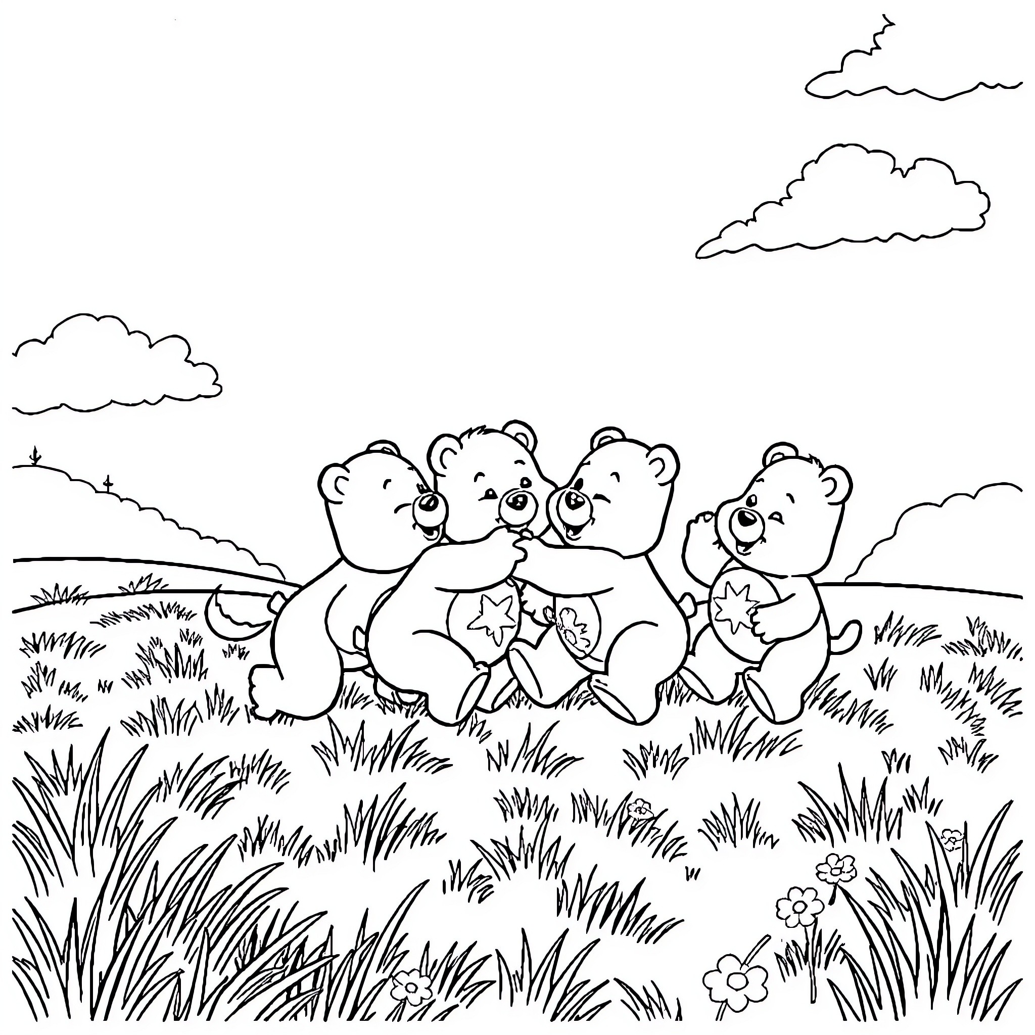 Care Bears playing happily in the meadow Coloring Page (free black-and-white line drawing printable PDF for all, from beginners to advanced learners, including children, teens, adults, and seniors)