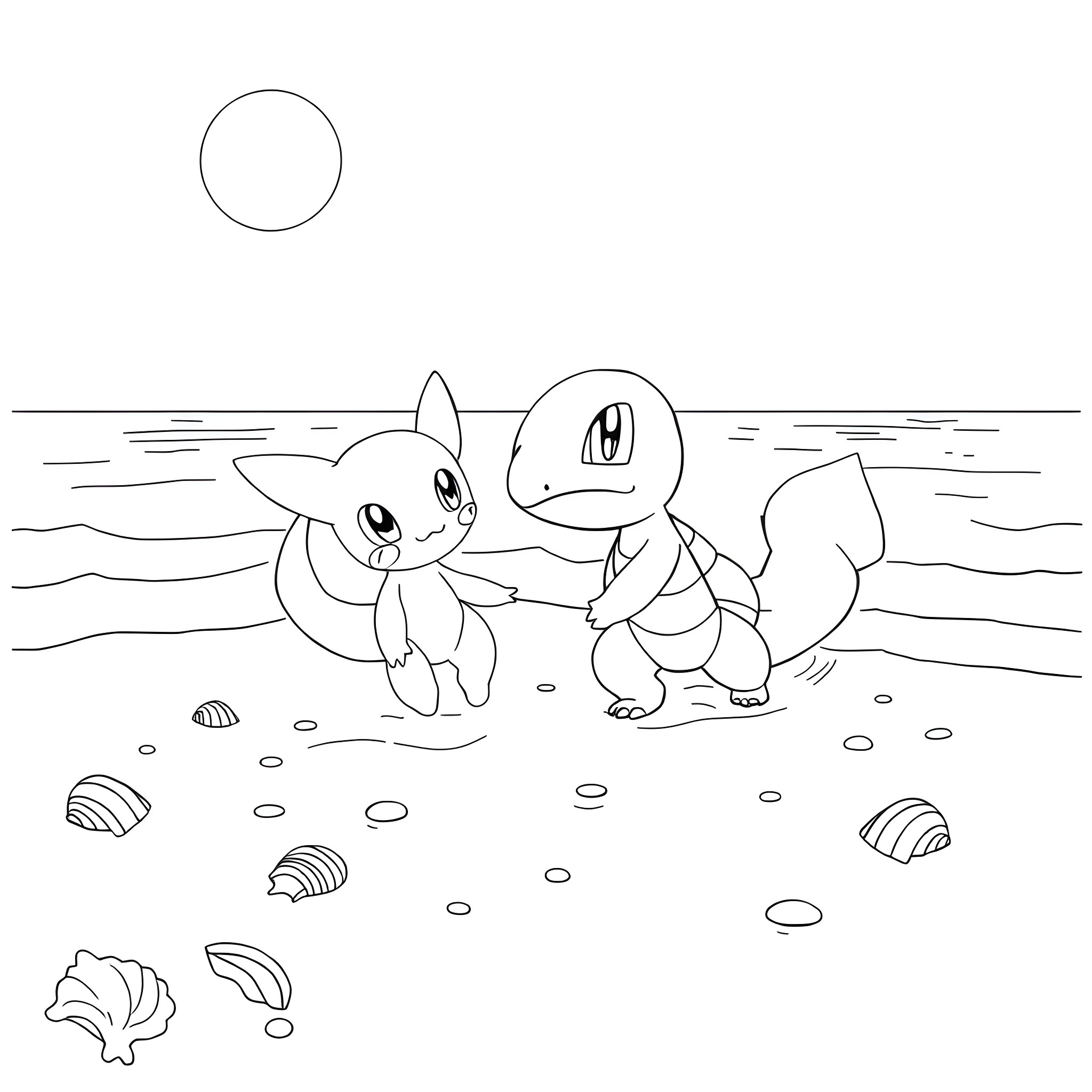 Mew friends exploring the seashore Coloring Page (free black-and-white line drawing printable PDF for all, from beginners to advanced learners, including children, teens, adults, and seniors)