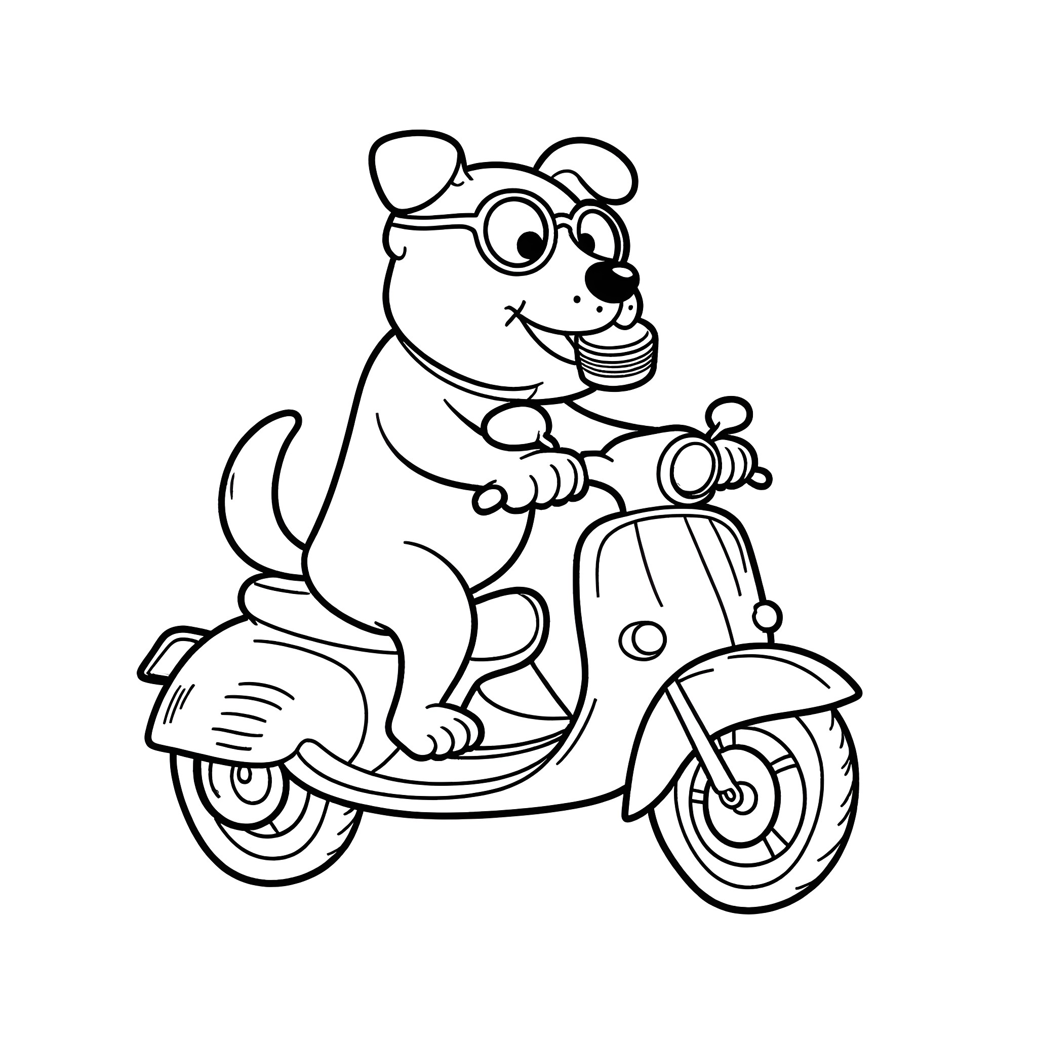 Dog riding scooter happily Coloring Page (free black-and-white line drawing printable PDF for all, from beginners to advanced learners, including children, teens, adults, and seniors)