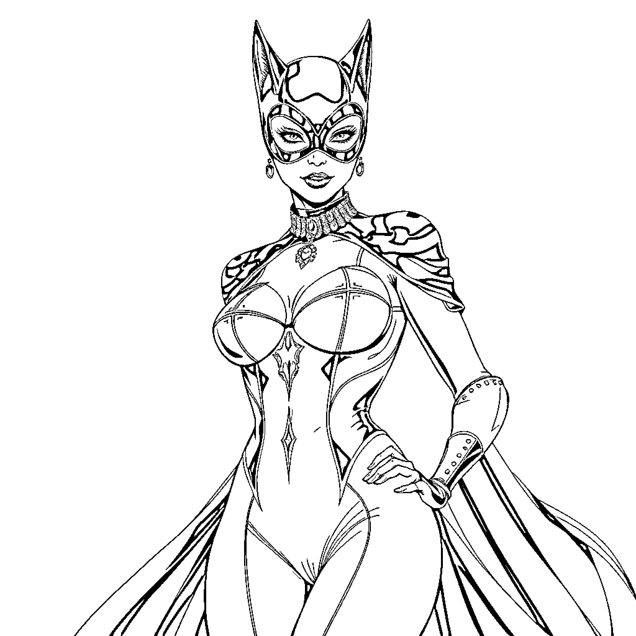 Catwoman in Powerful and Dramatic Pose Coloring Page (free black-and-white line drawing printable PDF for all, from beginners to advanced learners, including children, teens, adults, and seniors)