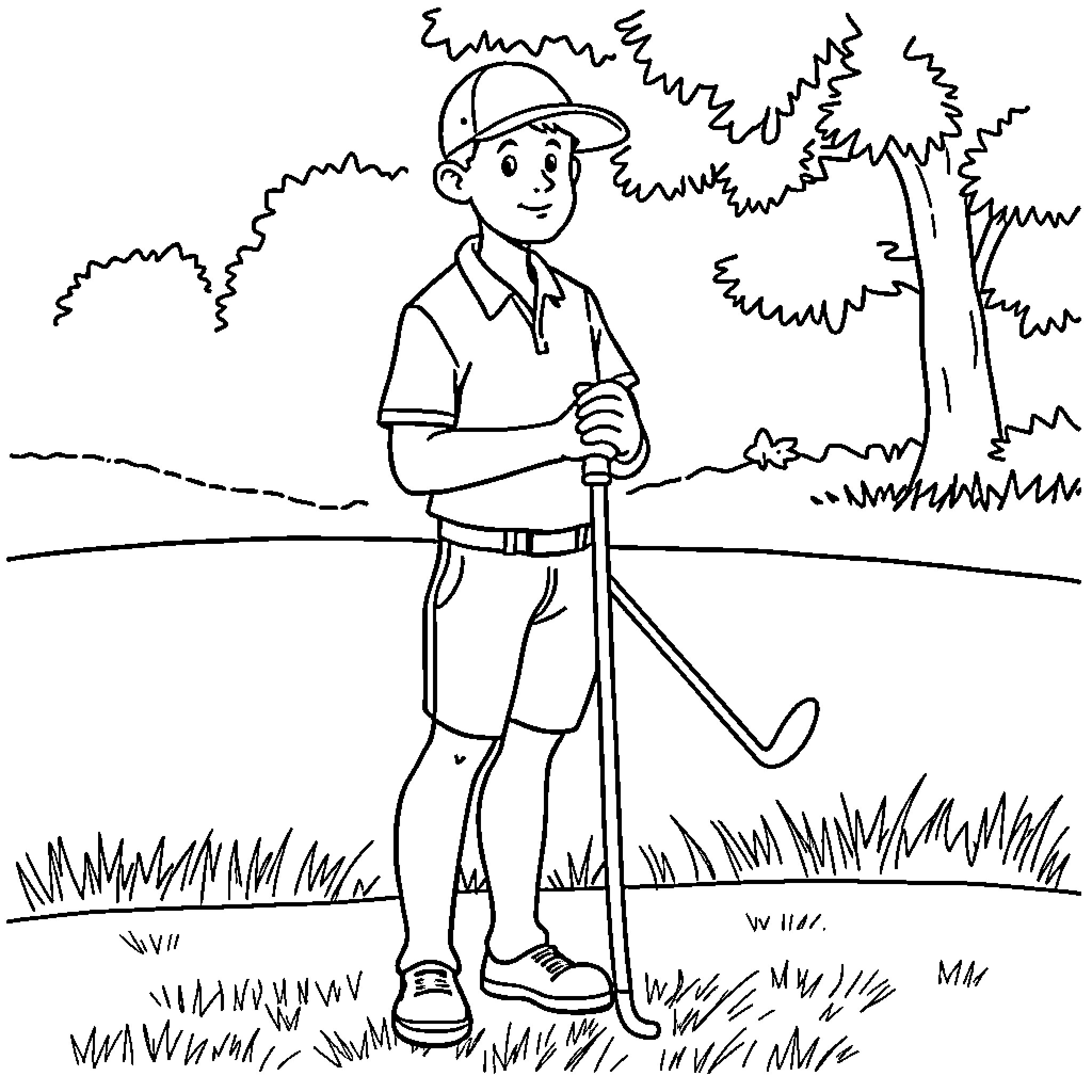 Golfer walking on the fairway Coloring Page (free black-and-white line drawing printable PDF for all, from beginners to advanced learners, including children, teens, adults, and seniors)